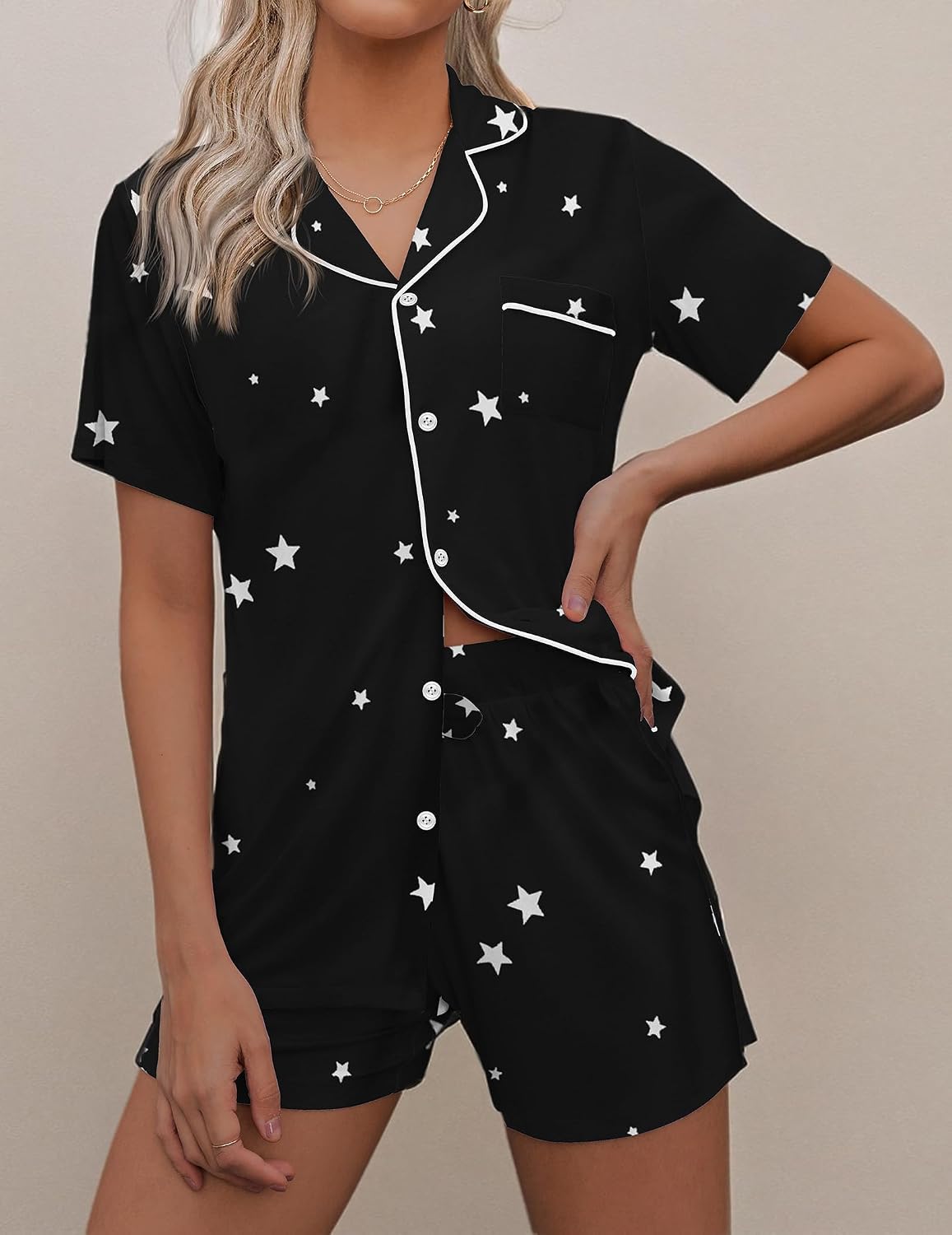 Ekouaer Pajamas Set for Women Short Sleeve Sleepwear Button Down Pj XS-XXXL | Summer 2 Piece Lounge Set, Soft Fabric, Drawstring Waistband, for Bridesmaid Bride Party, Plus Size, Petite, Cute Pattern