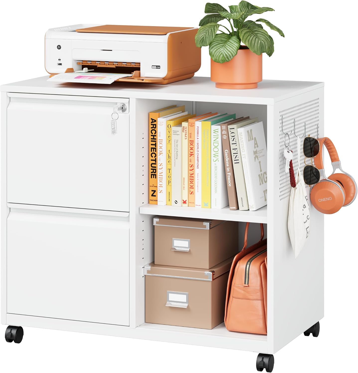 3 Drawer File Cabinet with Lock,Mobile Lateral Filing Cabinet with Side Hook for Letters/Legal/A4, Metal Printer Stand Storage Cabinets with Shelves for Home Office(Black)