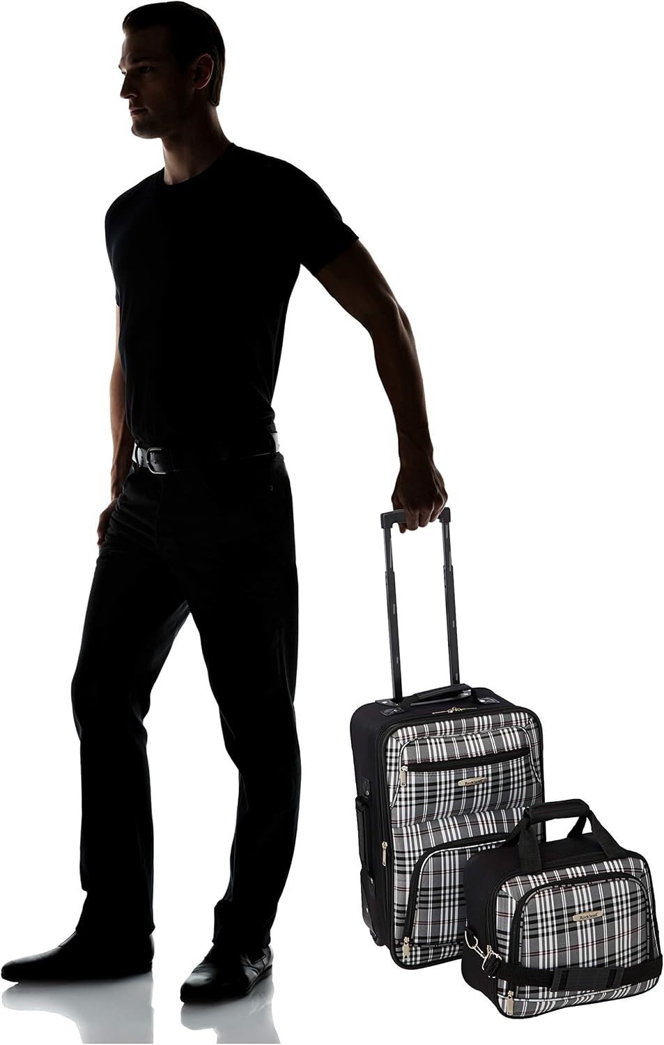 Rockland Fashion Softside Upright Luggage Set,Expandable, Telescopic Handle, Wheel, Black Dot, 2-Piece (14/19)