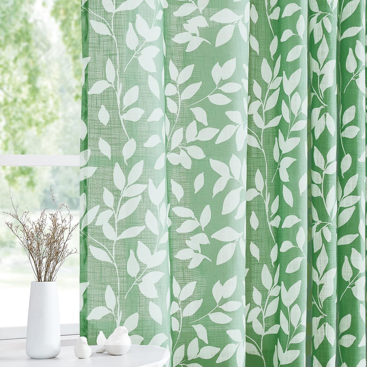 Leaf Semi Sheer Curtains for Bedroom Living Room 52x72" Taupe White Print 2