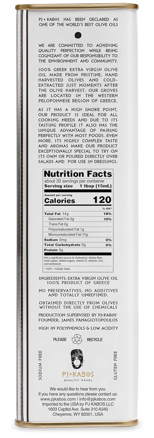 P.J. KABOS Fresh 2025/26 Harvest, High Phenolic (400+mg/kg), Natural Greek Extra Virgin Olive Oil, Kosher, Greece, Cold Extracted, 16.9 oz Tin, Koroneiki, "Family Reserve -Medium"