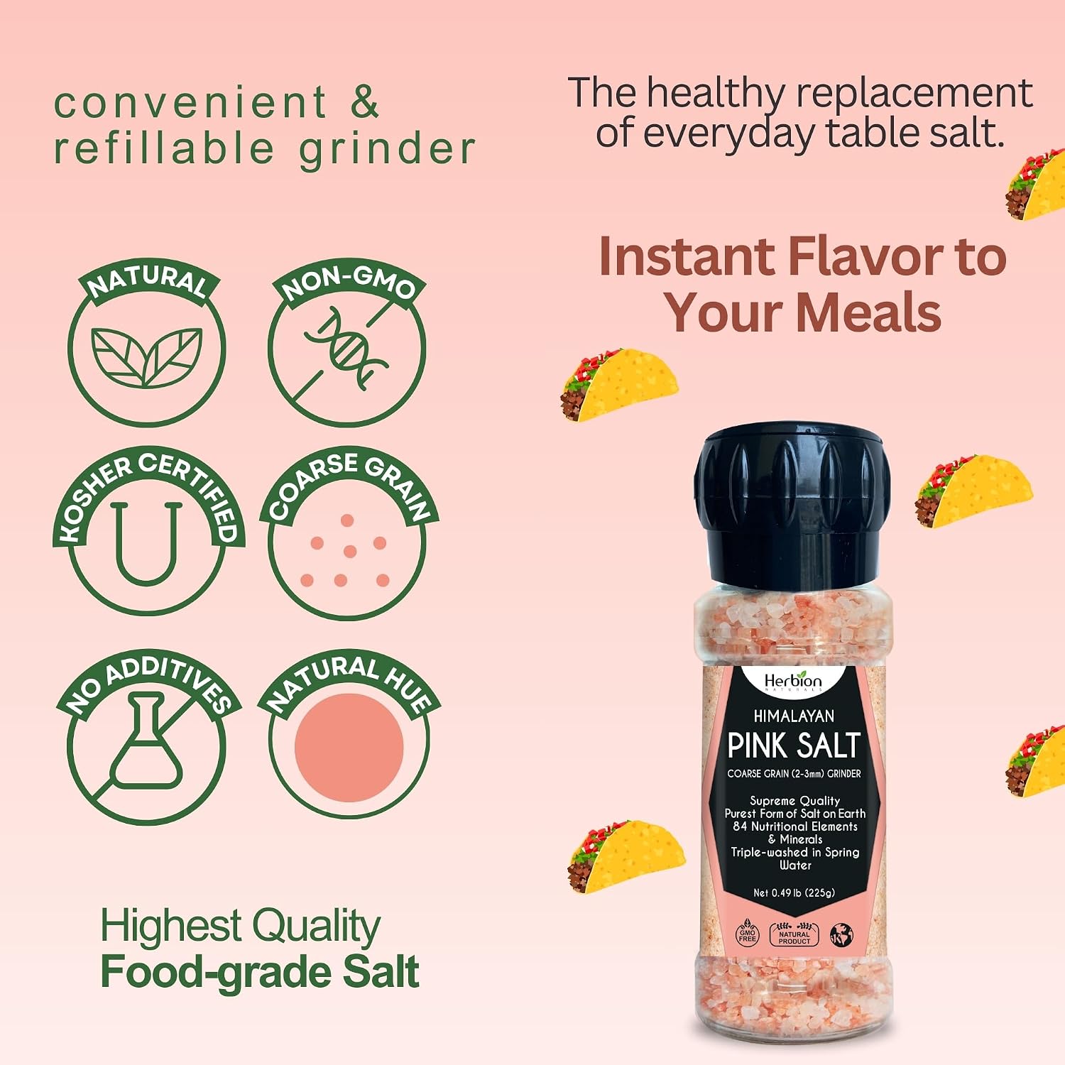 HERBION Naturals Himalayan Pink Salt Jar Fine Grain, GMO Free, Supreme Quality Chemical Free, Vegan, Kosher Certified, Fine Grain All Natural Salt