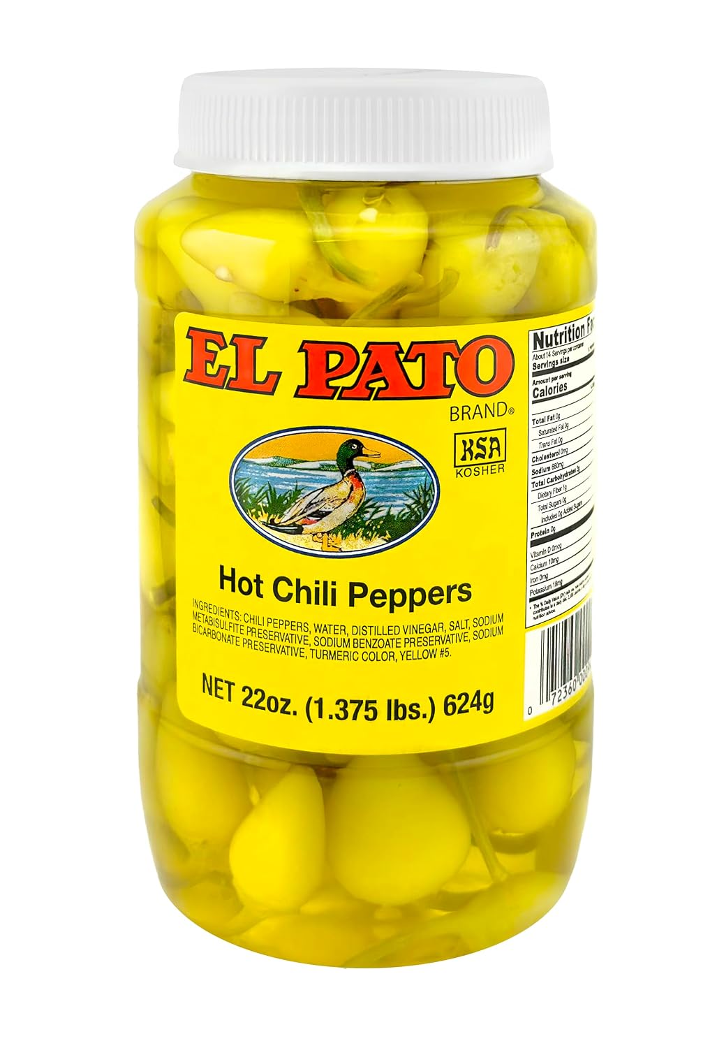 El Pato Hot Chili Peppers 22oz Pickled Yellow Chili Peppers 624g Kosher