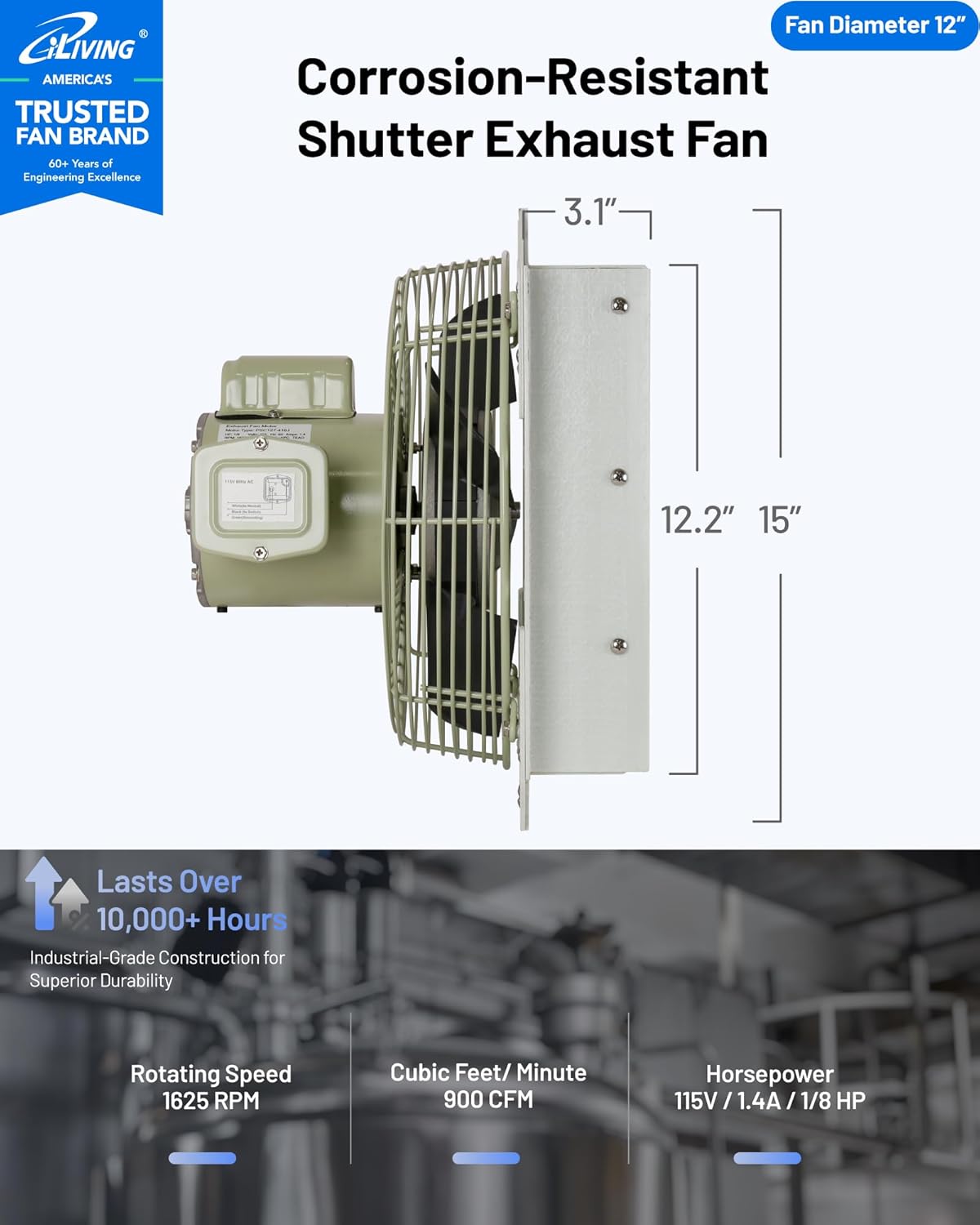 iLIVING 12" Wall Mounted Shutter Exhaust Fan, Automatic Shutter, with Thermostat and Variable Speed controller, 0.6A, 960 CFM