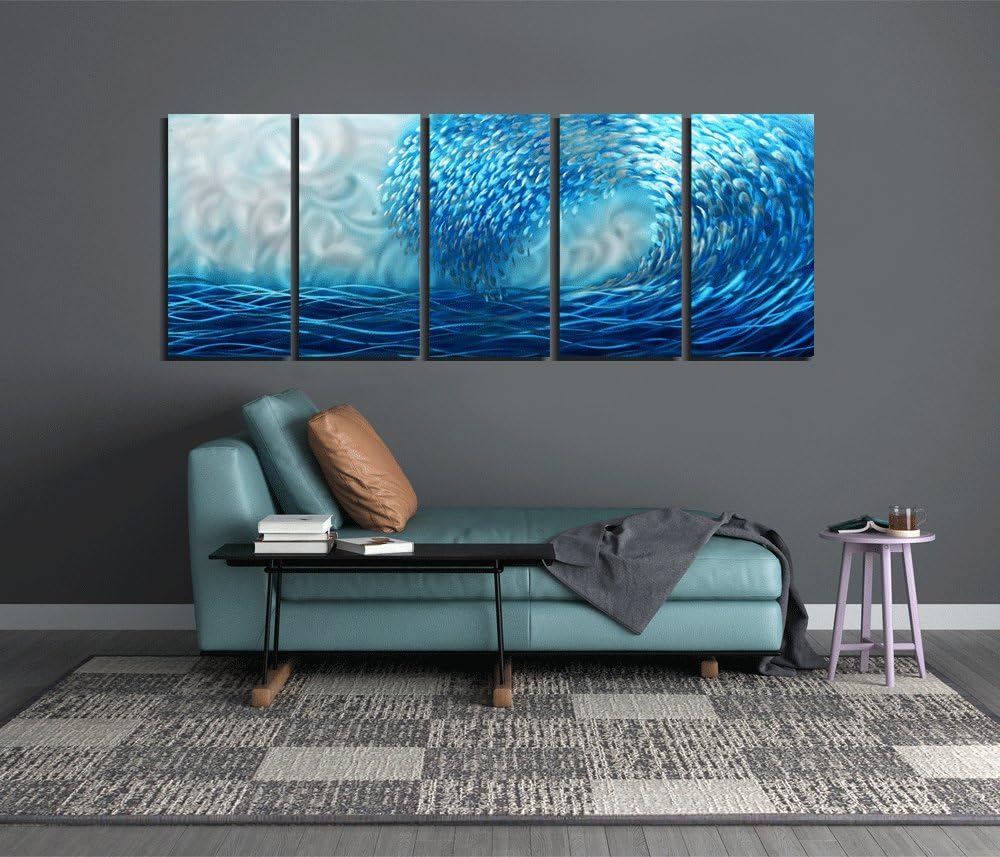Yihui Arts Handcrafted 3D Metal Wall Art - Ocean Wave Sculpture, 5 - Panel Aluminum Decor for Living Room, Bedroom & Office