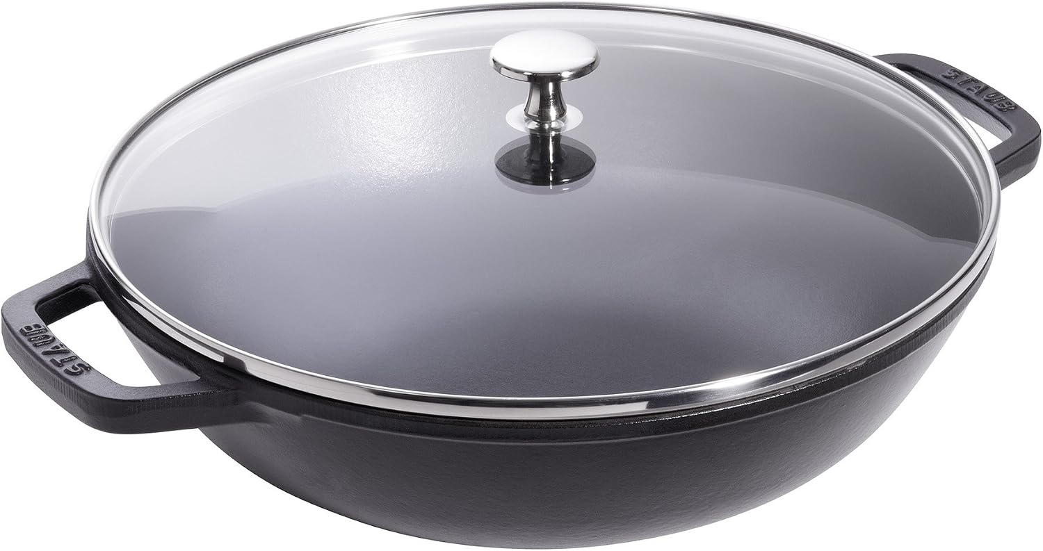 Staub Cast Iron Perfect Pan, Wok, Dutch Oven, 4.5-quart, serves 4-5, Made in France, Dark Blue