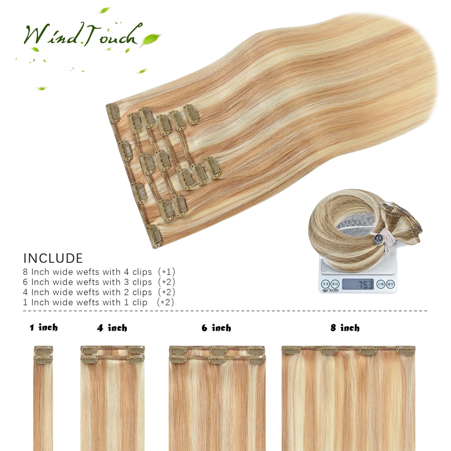 WindTouch Clip In Hair Extensions Human Hair Mixed Bleach Blonde 18Inch 75g Hair Extensions for Women Remy Blonde Extensions Clip in #18p613 7PCS