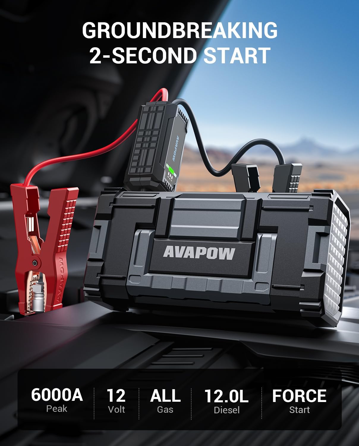 AVAPOW 6000A Car Battery Jump Starter Portable | 12V DC Output for All Gas or up to 12L Diesel, Jump Box for Car Battery with USB3.0 Power Bank
