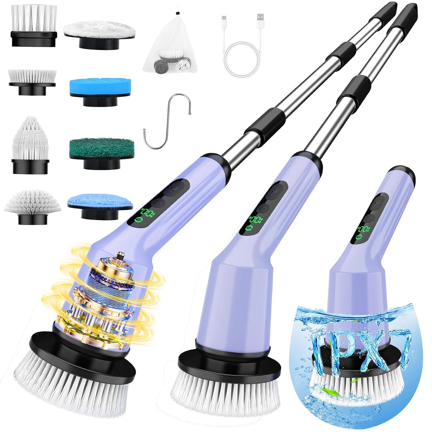 Electric Spin Scrubber for Bathroom, Shower Scrubber with Long Handle | Shower Cleaner Brushes, IPX7 Waterproof & 2 Speed, 3 Brush Heads, 90min Runtime, Bathroom Cleaning Supplies for Toilet Tub