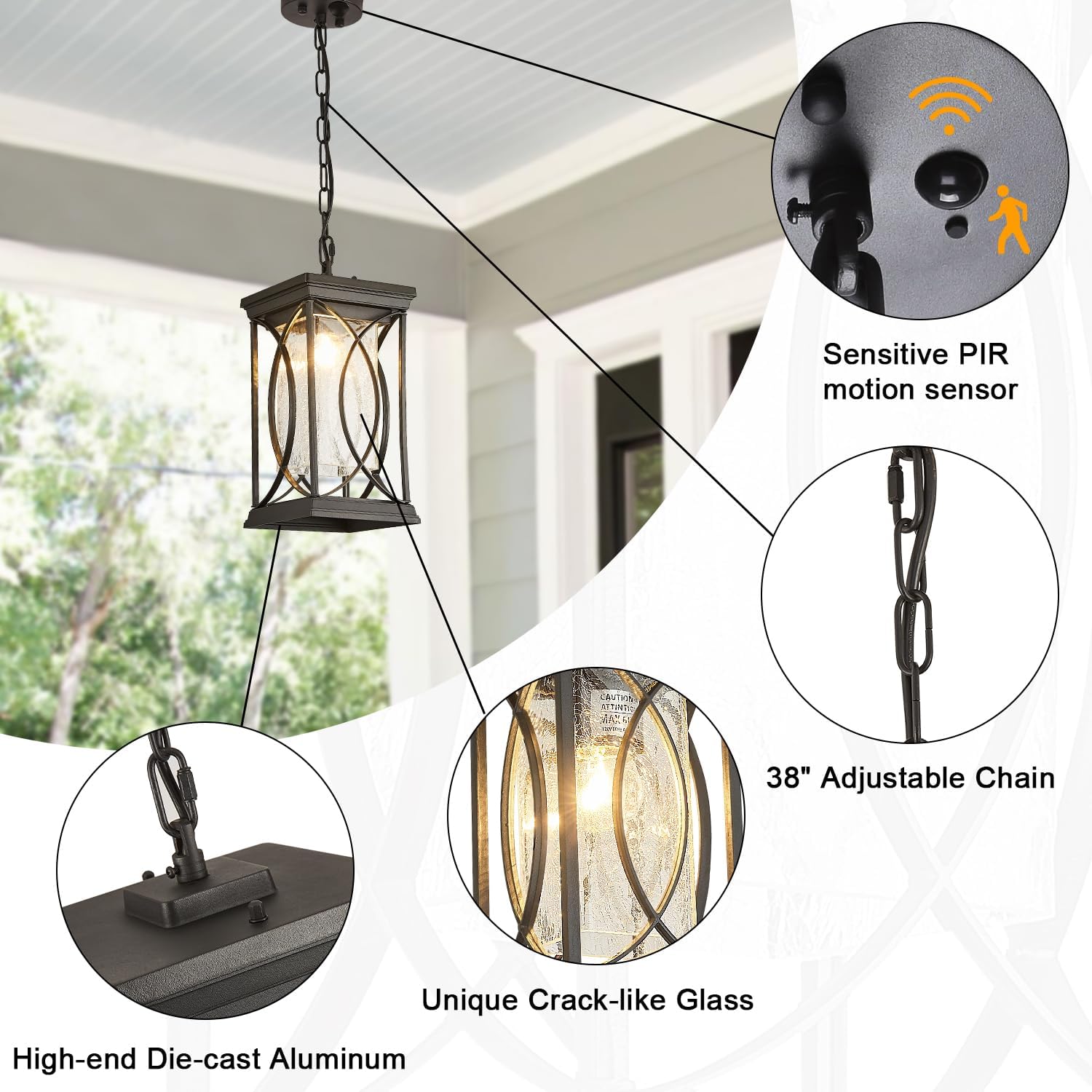 Dusk to Dawn Modern Outdoor Coach Lantern Exterior Light Fixtures Black Aluminum with Crack-Like Glass Waterproof Wall Sconce Mission Outside Light