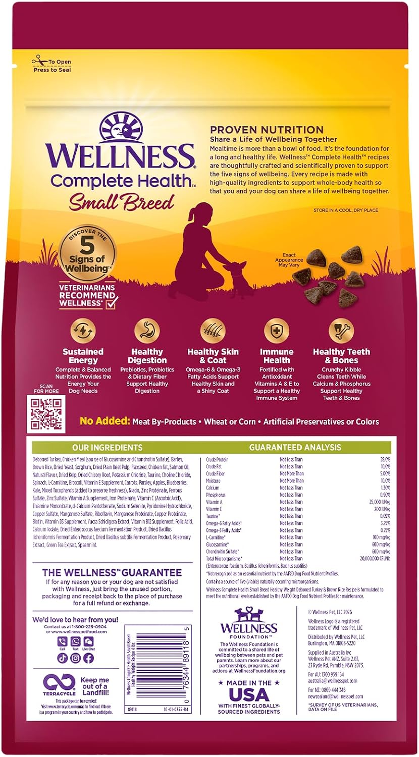 Wellness Complete Health Small Breed Adult Dry Dog Food, Wholesome Grain Kibble, Natural, Turkey and Oatmeal Recipe, 4 lb Bag