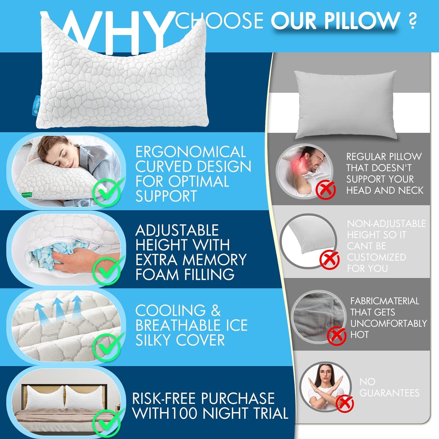 SUPA MODERN Cooling Pillow Queen Size Set of 2, CertiPUR-US Shredded Memory Foam Pillows for Sleeping, Cool Bed Pillows for Hot Sleepers, Adjustable Firm Pillow for Side,Back,Stomach Sleepers