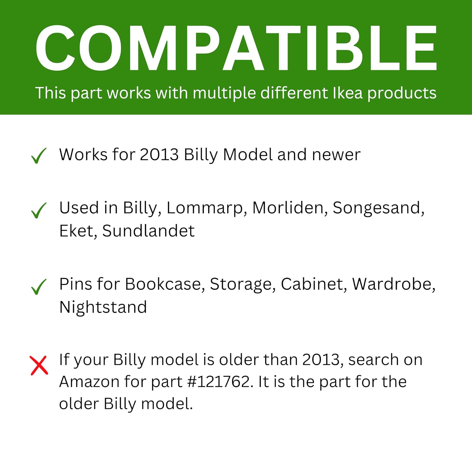 Billy Bookshelf Pins | Replacement for IKEA Part #131372 | by Spare Hardware Parts | Pack of 12