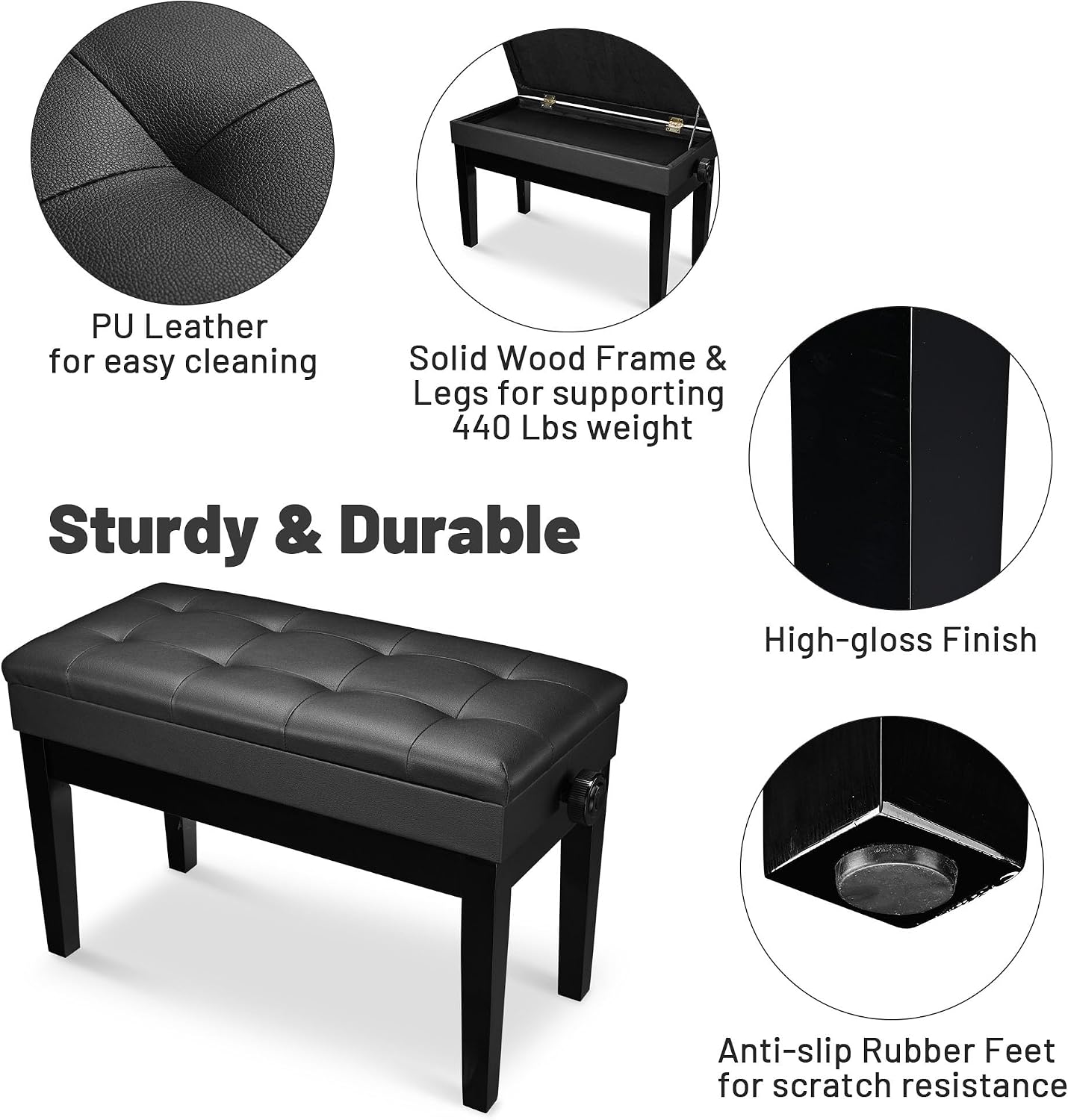 AW Adjustable Piano Bench with Storage Brown Wooden Keyboard Stool Seat | Leather Cushion Paino Chair for Piano Shop Music School Studio Capacity 400lbs