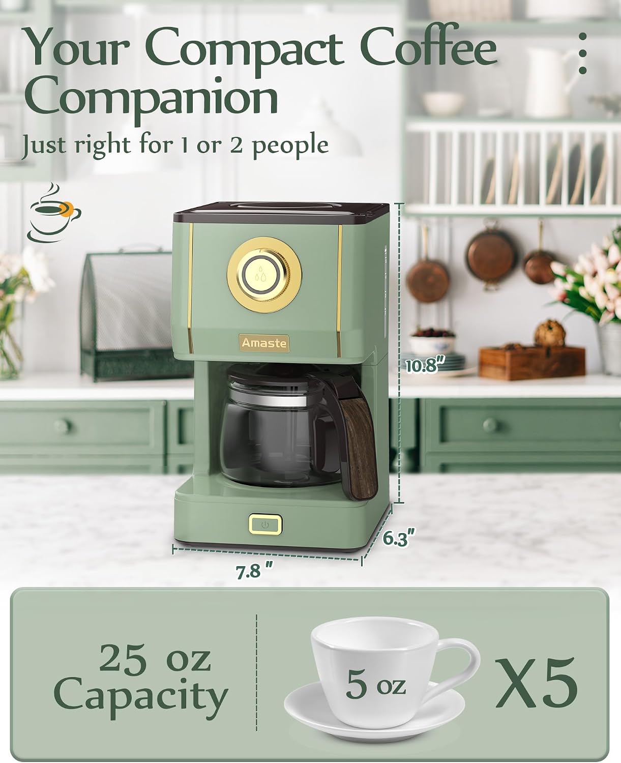 Amaste Drip Coffee Maker, Coffee Machine with 25 Oz Glass Coffee Pot, Retro Style Coffee Maker with Reusable Filter & Three Brewing Modes