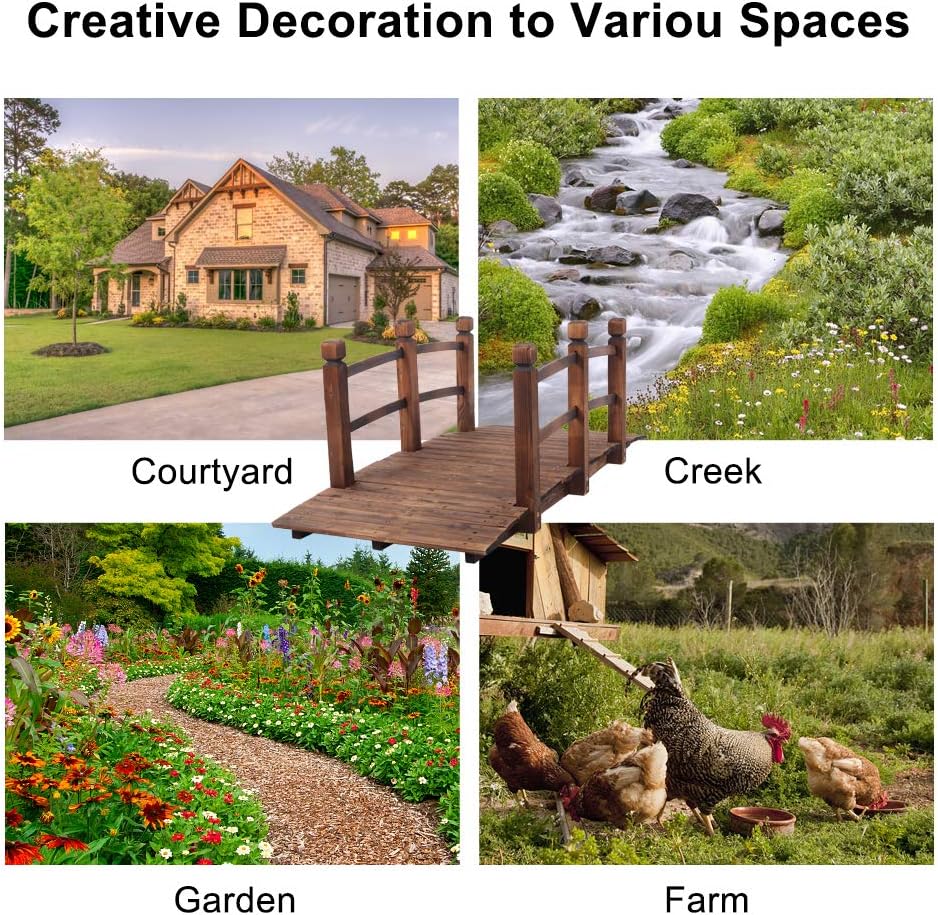 VINGLI 5 ft Garden Bridge, Classic Wooden Arch with Safety Rails Stained Finished Footbridge, Decorative Pond Landscaping, Backyard, Creek or Farm