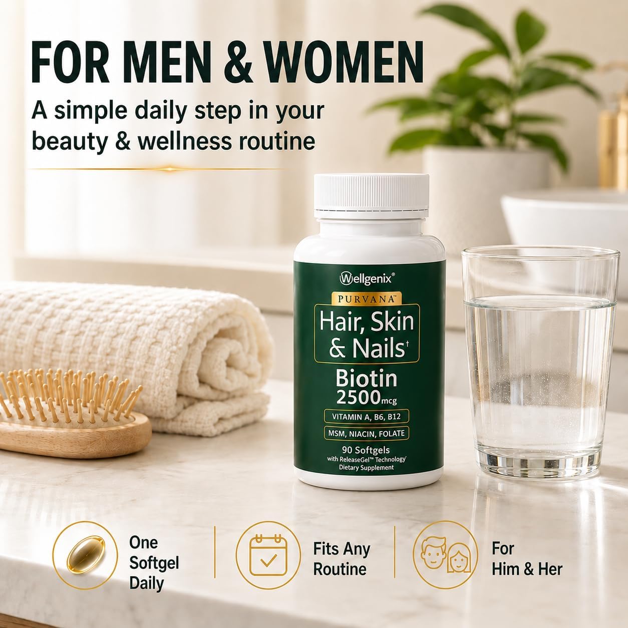Wellgenix Purvana Hair Skin and Nails Supplement – 2500mcg Biotin Softgels with MSM & B-Complex – Daily Beauty Support for Stronger Nails & Hair Vitality – 90 Softgels | MSM, alpha lipoic acid & grape seed softgels for thicker-looking hair, stronger-look…