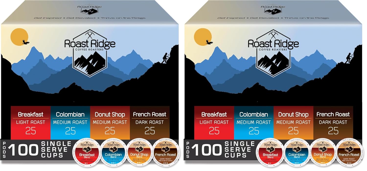 Roast Ridge Single Serve Coffee Pods for Keurig K-Cup Brewers, Variety Pack, Light Roast, Medium Roast, Dark Roast, 100 Count (25 Each: Breakfast Blend, Donut Shop, French Roast, Colombian)
