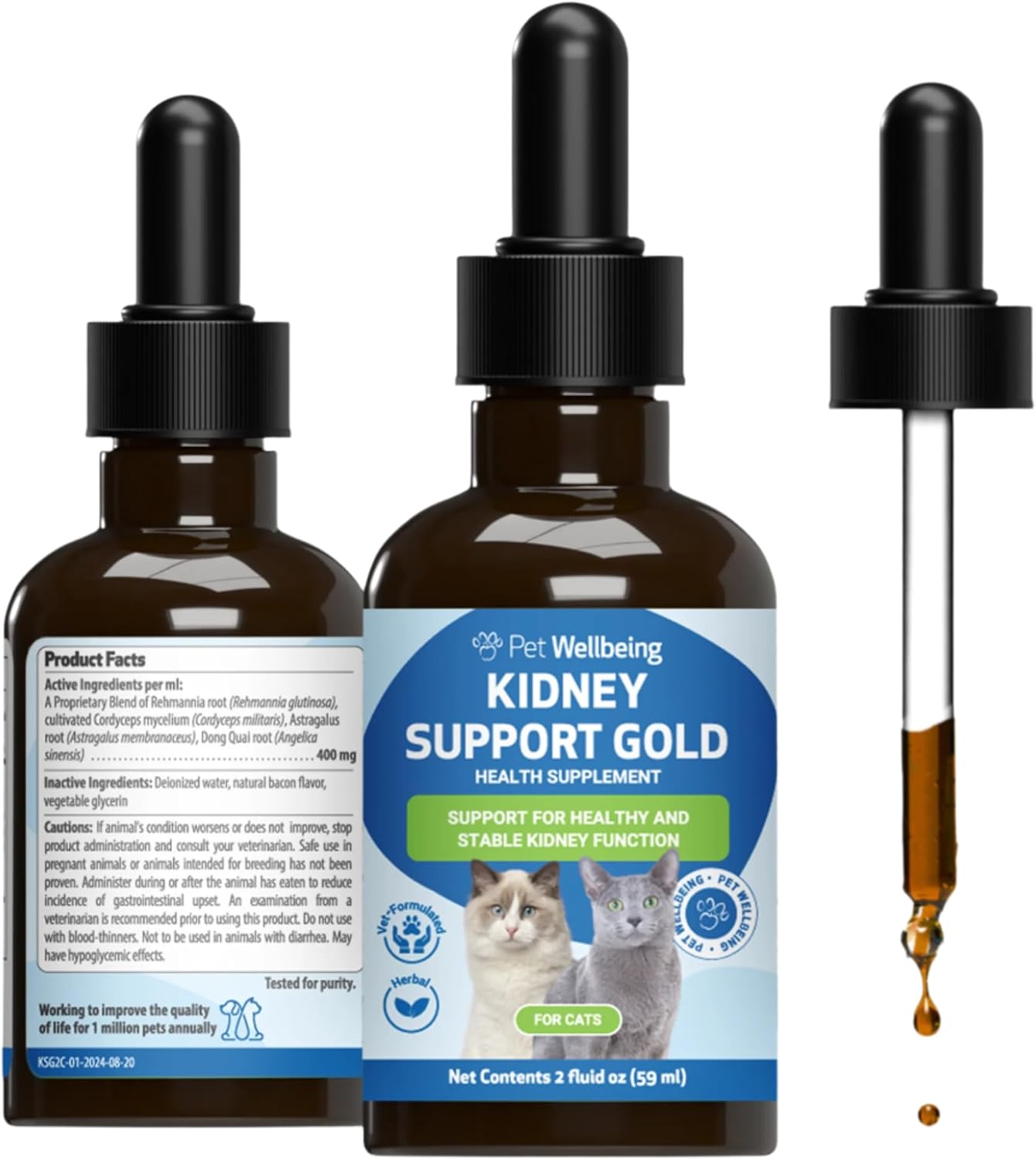 Pet Wellbeing Kidney Support Gold for Cats - Supports Normal Kidney Function & Detox, Healthy Hydration & Energy with Rehmannia & Dong Quai - NASC Certified & Vet-Formulated - 2oz Liquid Formula | NASC Certified & Vet-Formulated Liquid Kidney Support Sup…