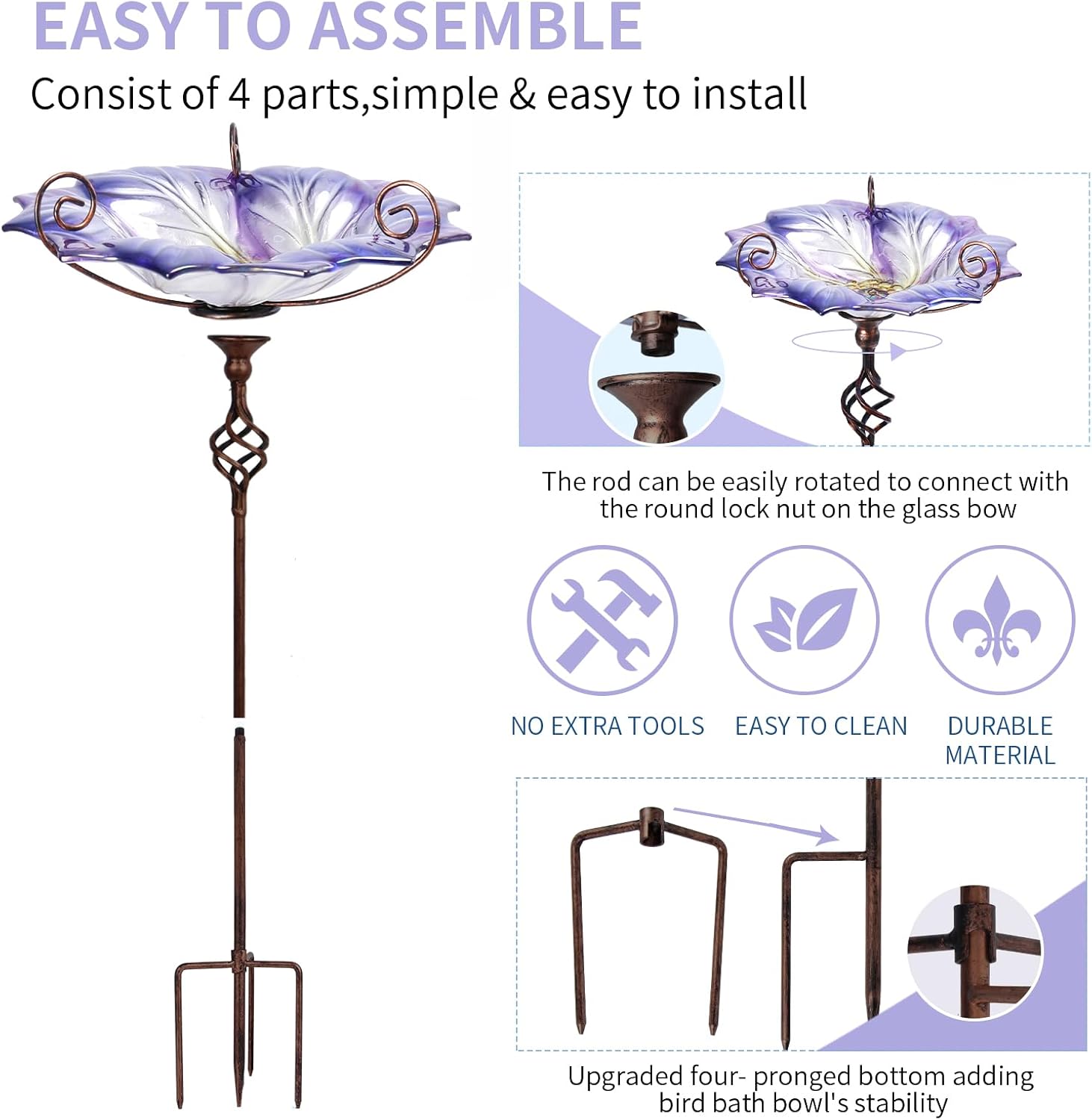 VCUTEKA Glass Bird Bath Outdoor Birdfeeder with Metal Stake Garden Decor
