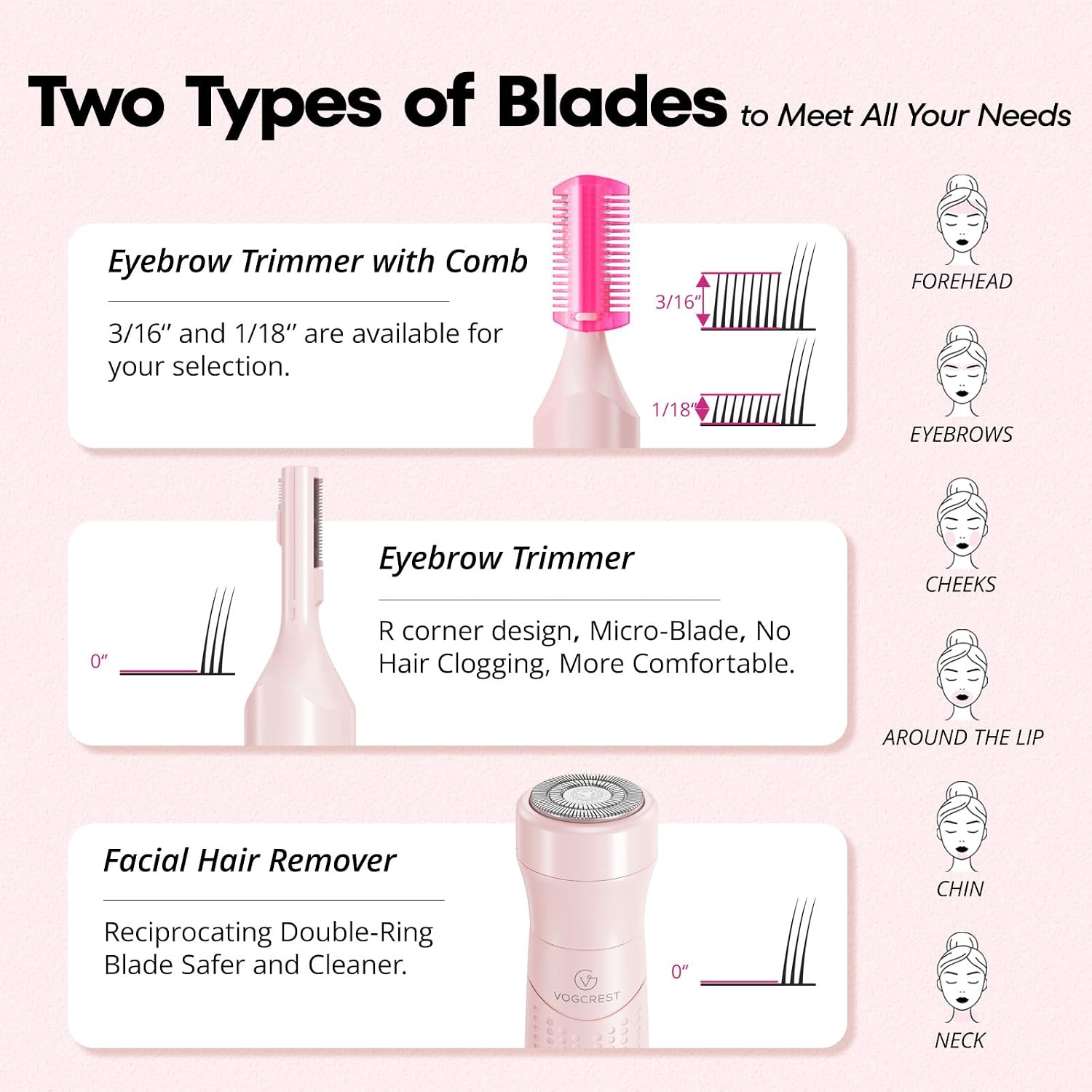 VG VOGCREST Women's Eyebrow Trimmer & Facial Hair Remover, 2 in 1, Double Rotating Blades, Safe, Painless, Hypoallergenic, Rechargeable, USB Charging