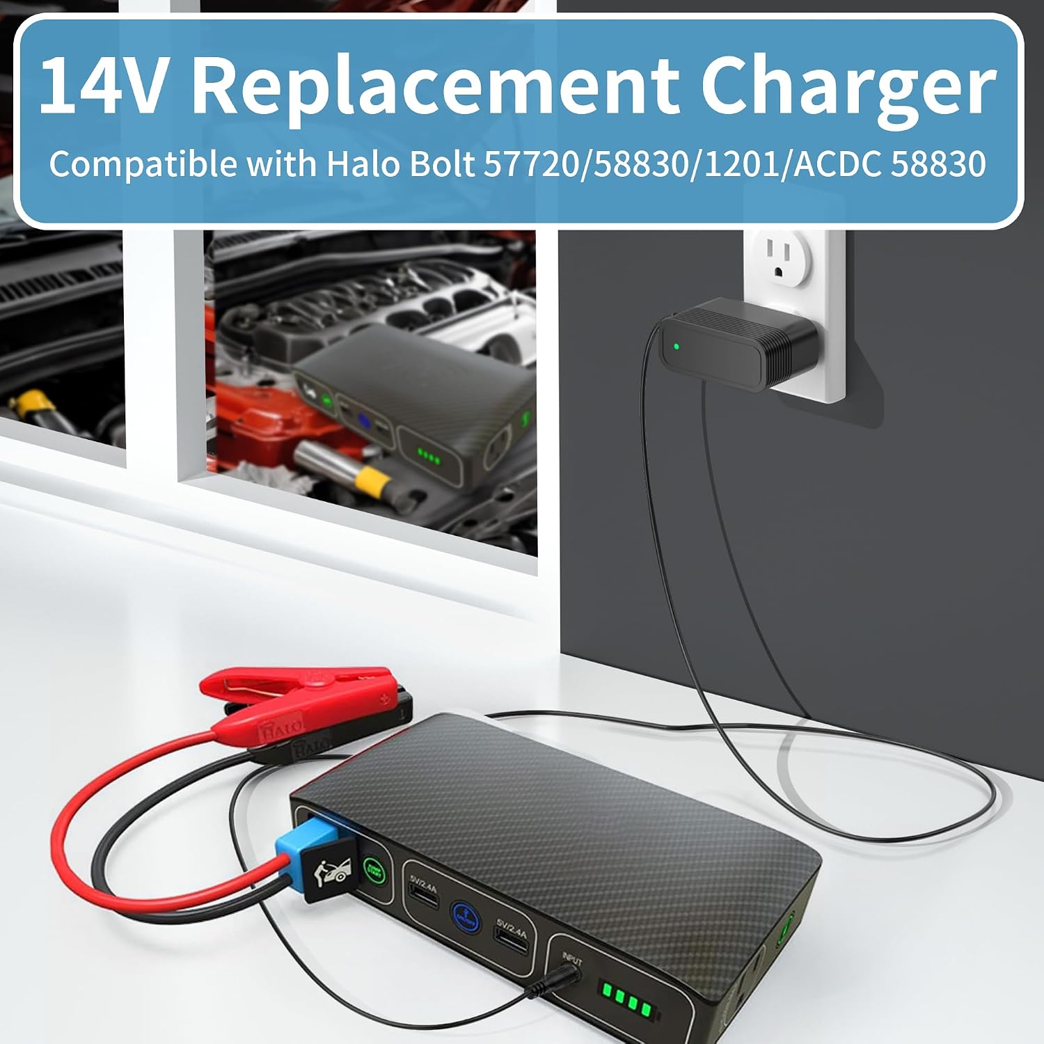 14V Charger for Halo Bolt 58830 57720 Jump Starter Adapter Compatible with Halo Bolt 44400 1201 Portable Car Jump Starter Power Supply Cord