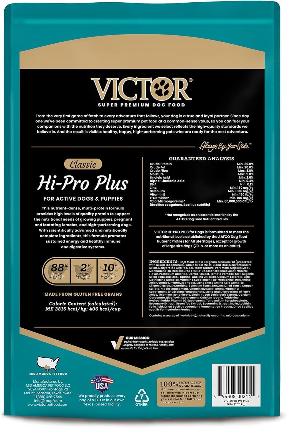 VICTOR Hi-Pro Plus Dry Dog Food - High Protein Gluten Free Dry Kibble, 5lb | Super Premium Dog Food, 30% Protein, Beef, Chicken, Pork and Fish Meals, For High Energy & Active Dogs & Puppies, 5lbs