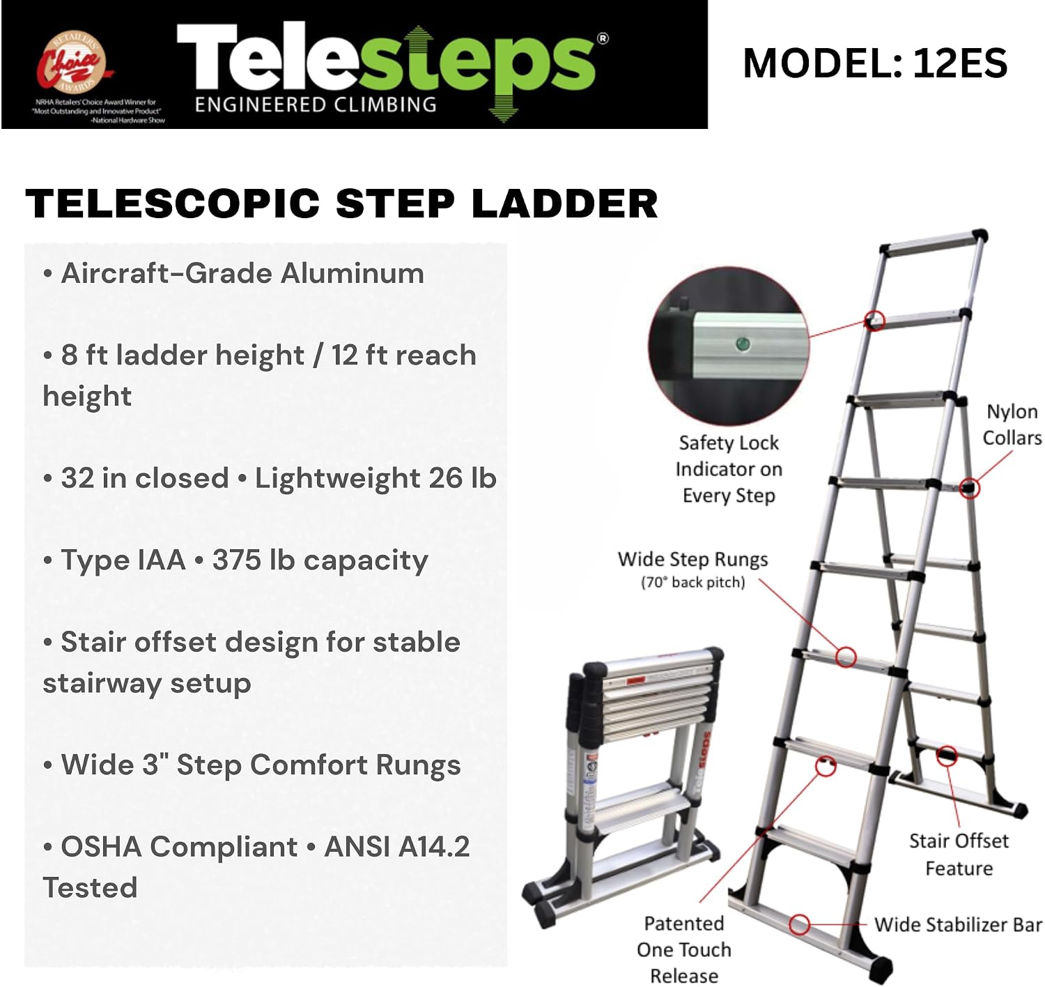 Telesteps 12ES Telescoping A-Frame Ladder – 8 ft Height, 12 ft Reach | Type 1AA 375 lb Rated | Compact Folding Aluminum Ladder with Stair Offset