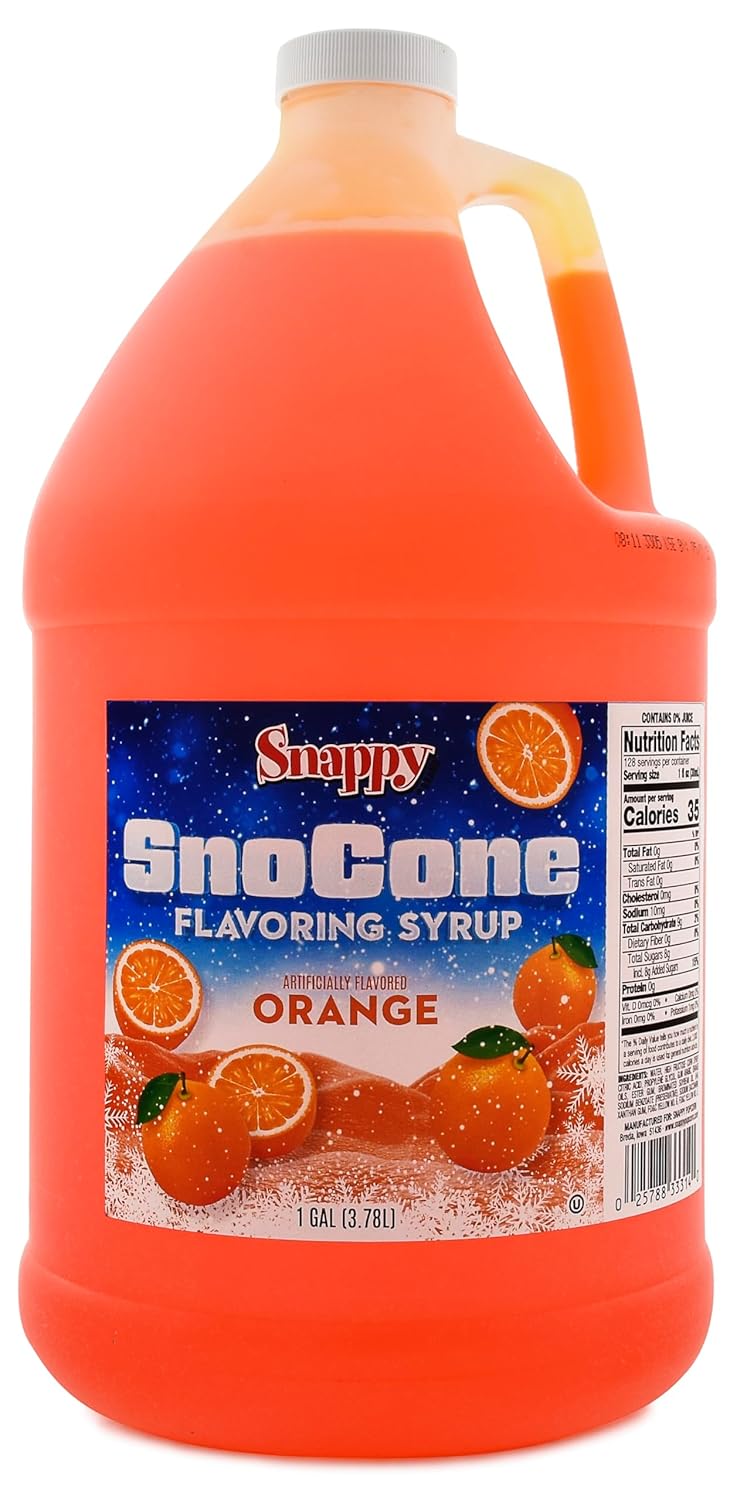 Snappy Orange Sno Cone Syrup, 1 Gallon 4 Pack, Ready to Use for Snow Cone Machines and Shaved Ice