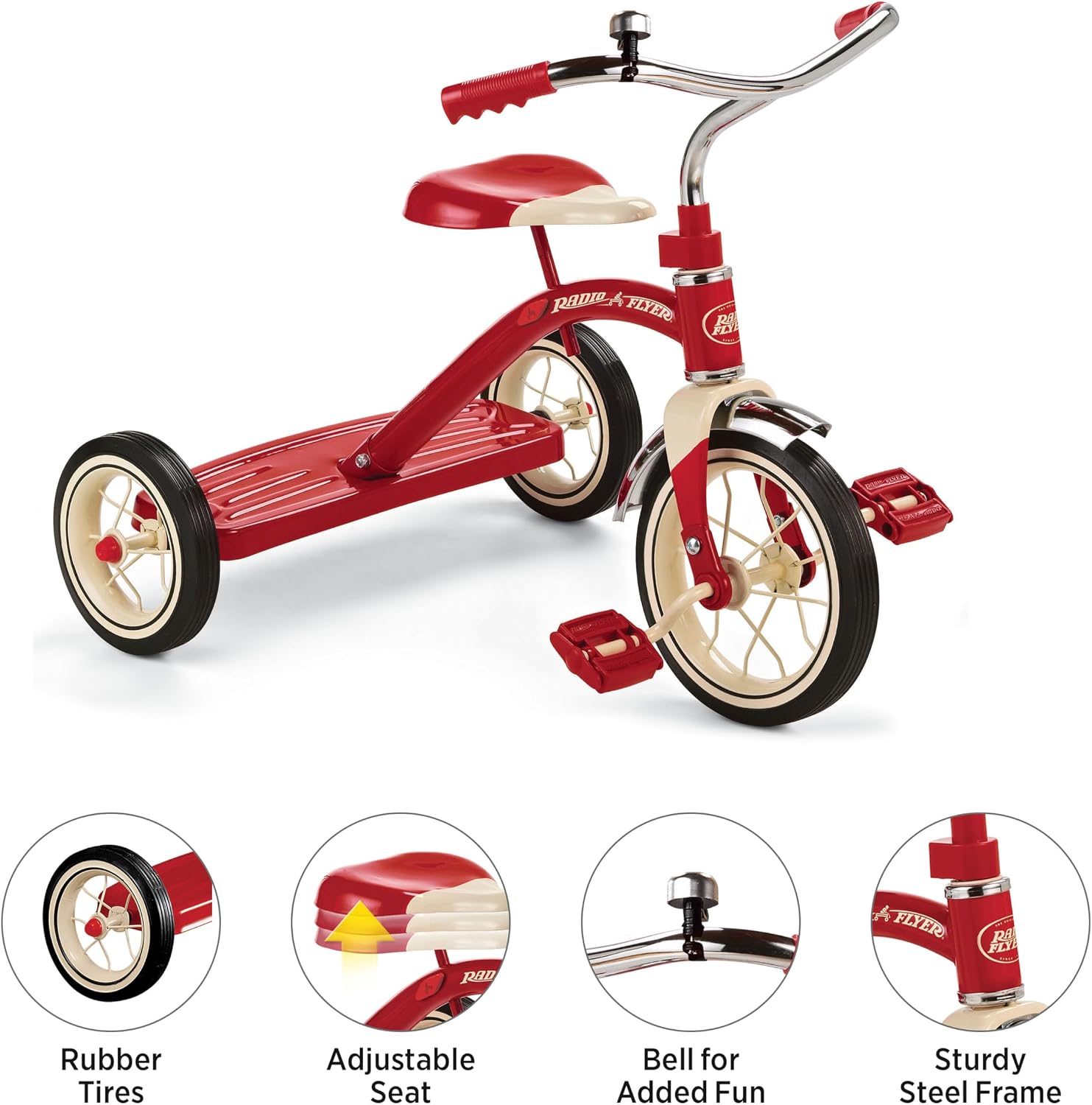 Radio Flyer Classic Pink Tricycle, for Ages 2-4, 10" Front Wheel, Bell | Steel Frame, Adjustable Seat, Rubber Tires, Chrome Details, Rear Step, Controlled Turning Radius, Tricycle for Toddlers