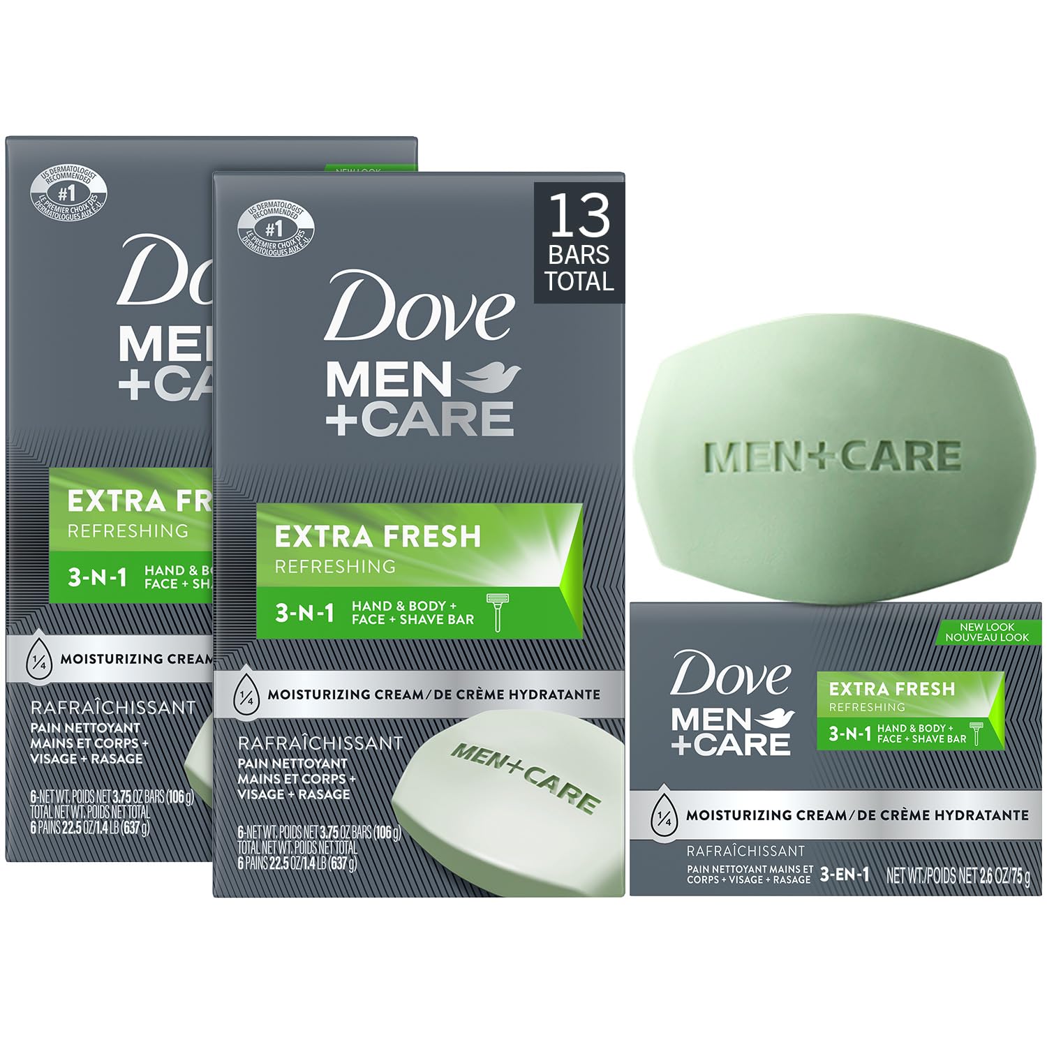 Dove Men+Care Extra Fresh Body and Face Bar Soap, 12 Bars (3.75 Oz Ea) + 1 Bonus Bar (2.6 Oz), 3-in-1 Moisturizing Soap for Body, Face, and Shaving