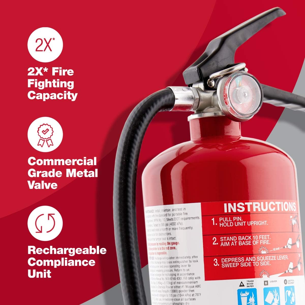 First Alert PRO5 Rechargeable Heavy Duty Plus Fire Extinguisher UL Rated 3-A:40-B:C, Red, 10 lbs | PRO5 Rechargable UL RATED 3-A:40-B:C, Red, 1-Pack