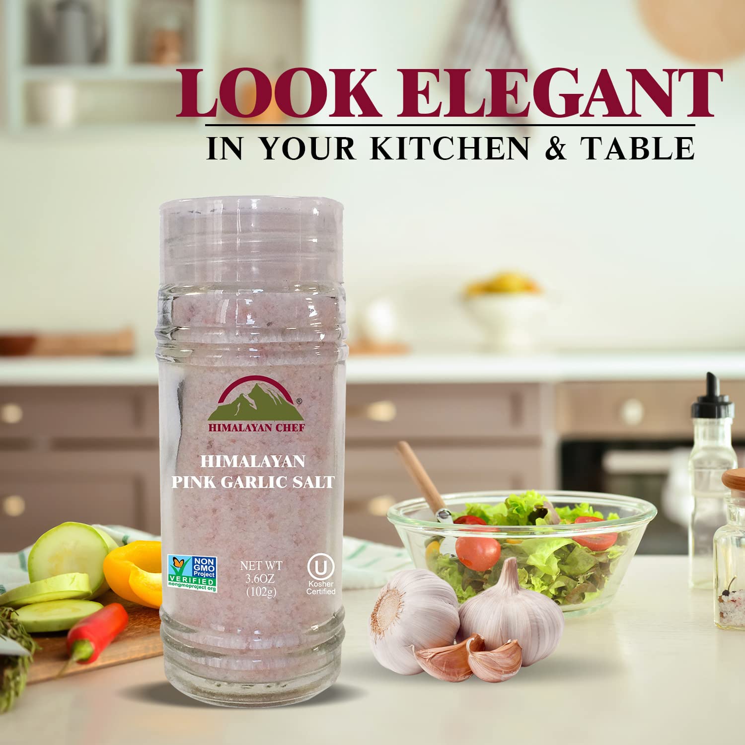 Himalayan Chef Himalayan Pink Garlic Salt -3.6 Oz (Pack of 1), Small Grinder of Garlic Salt Seasoning, Natural & Certified