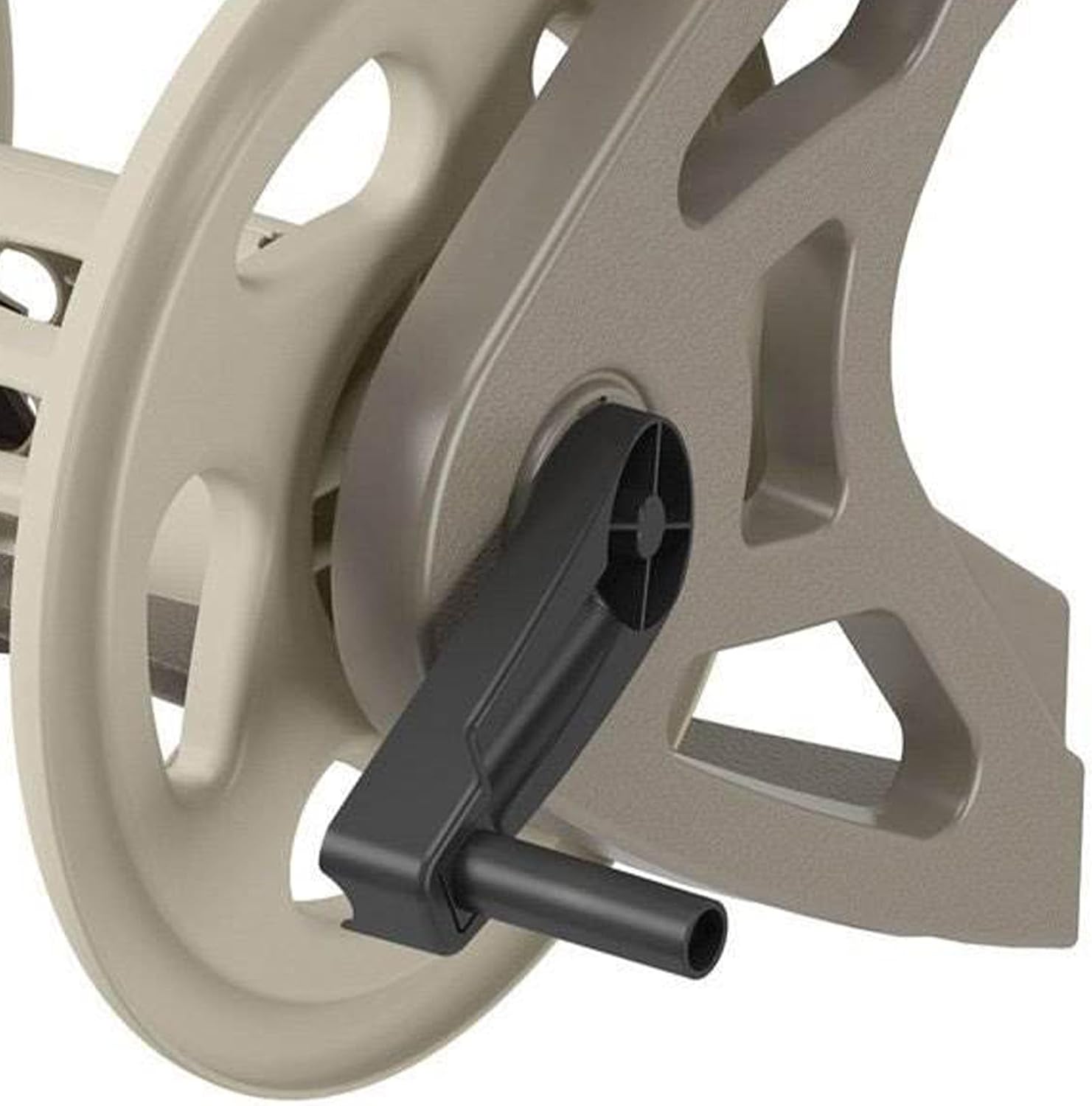 Suncast Handler Durable Hard Plastic Wall Mounted Outdoor Retractable Garden Hose Reel with Storage Tray and 200 Feet Hose Capacity, Taupe