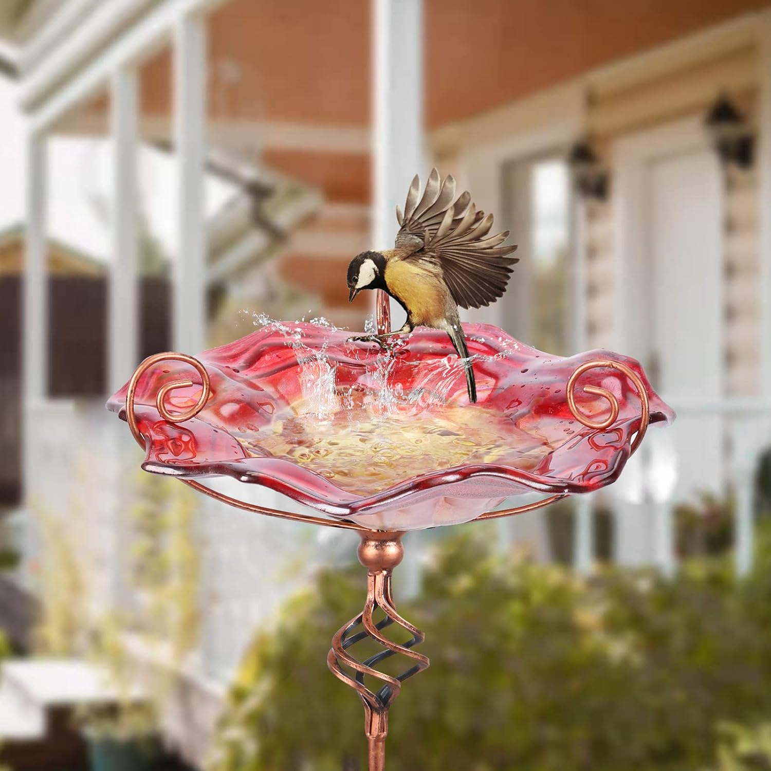 VCUTEKA Glass Bird Bath Outdoor Birdfeeder with Metal Stake Garden Decor
