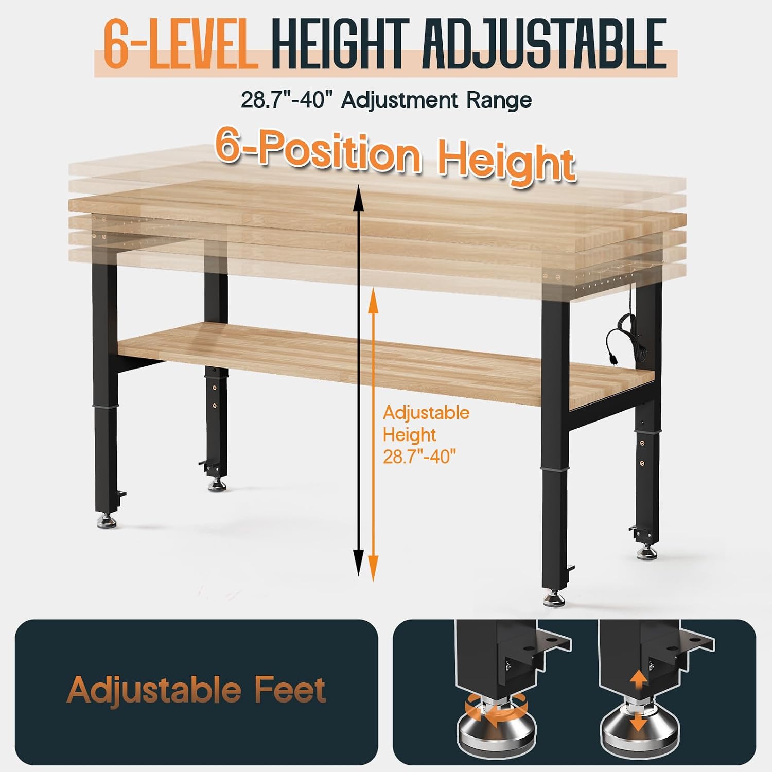 SPECRAFT Adjustable Black Heavy-Duty Workbench | 2000 Lbs Capacity, Rubber Wood Top, 4 AC Outlets and 2 USB Ports, for Garage, Workshop and Office