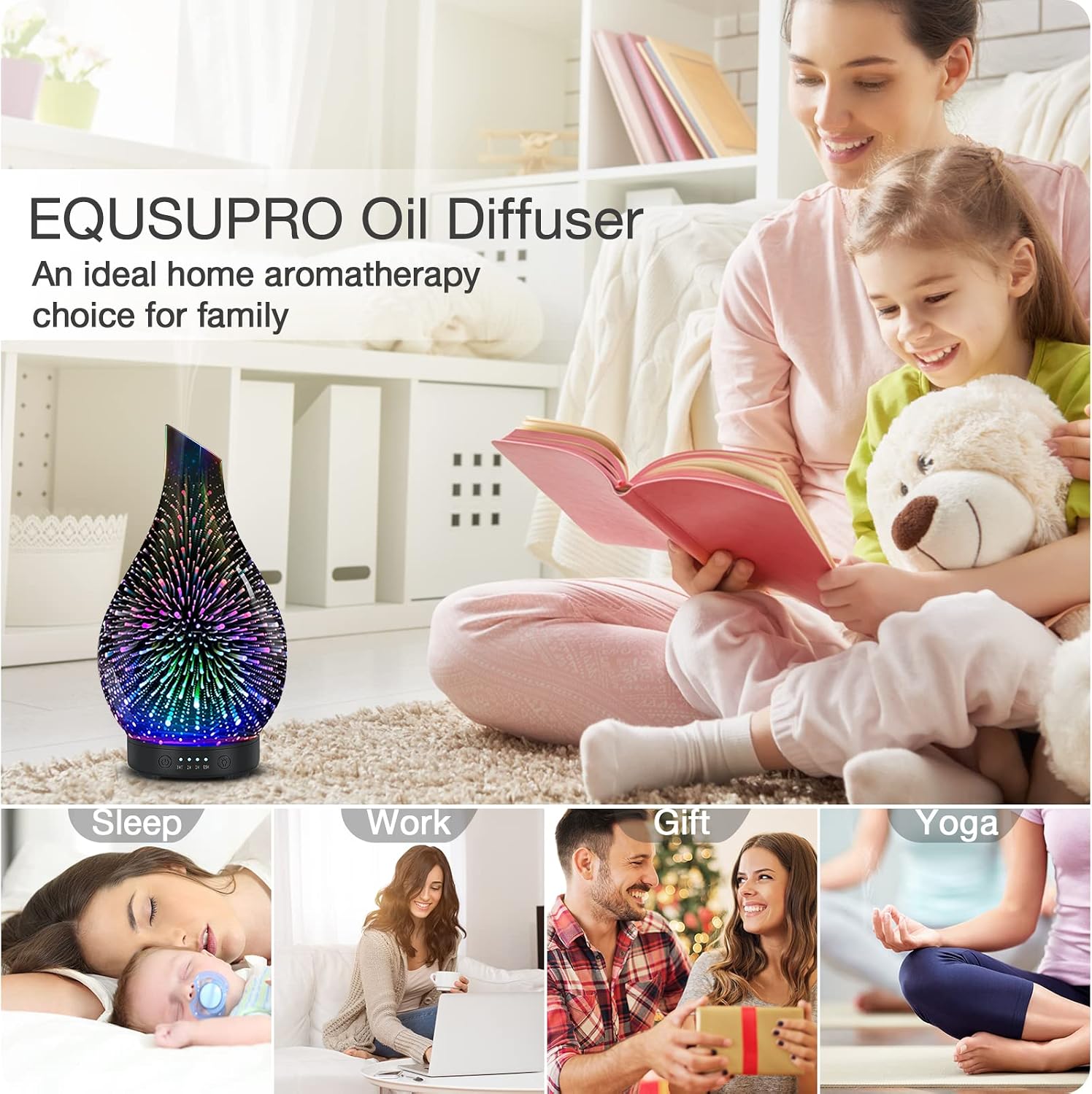 Aromatherapy Essential Oil Diffuser for Home- Art Glass Diffuser for Essential Oils with Waterless Auto Shut-Off 4 Timer 7 Colors LED Night Light