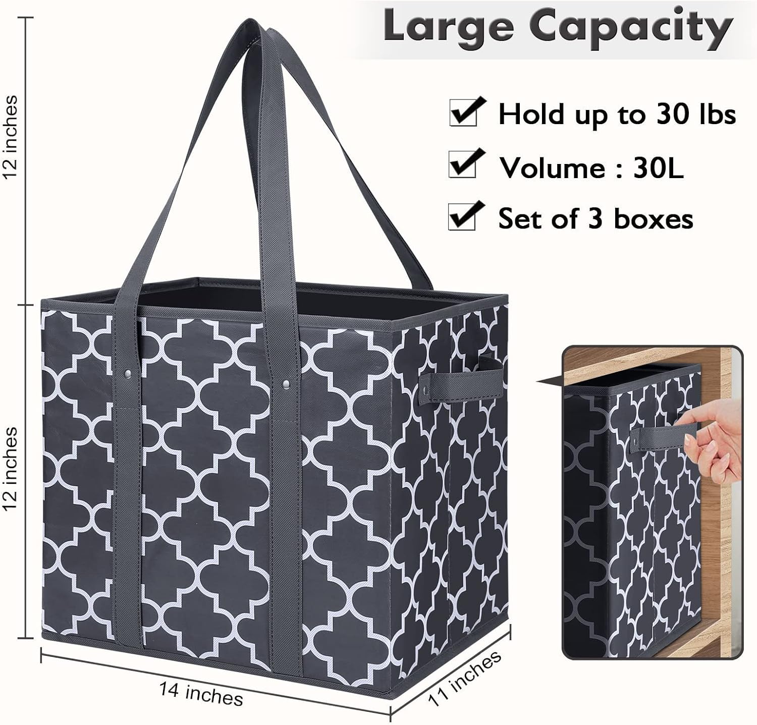 WISELIFE Reusable Grocery Bags 3-Pack Foldable Washable Large Storage Bins Basket Water Resistant Shopping Tote Bag Black