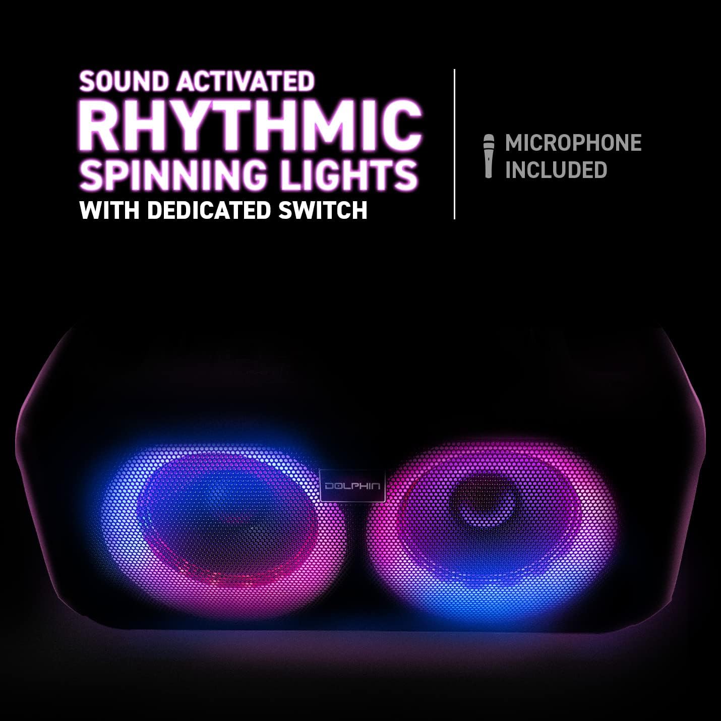 Dolphin Boombox Bluetooth Party Speaker with Wired Mic, Dual 6.5" Woofers | 1" Tweeter, WaveSync Pairing, LED Lights, USB/microSD/FM/AUX