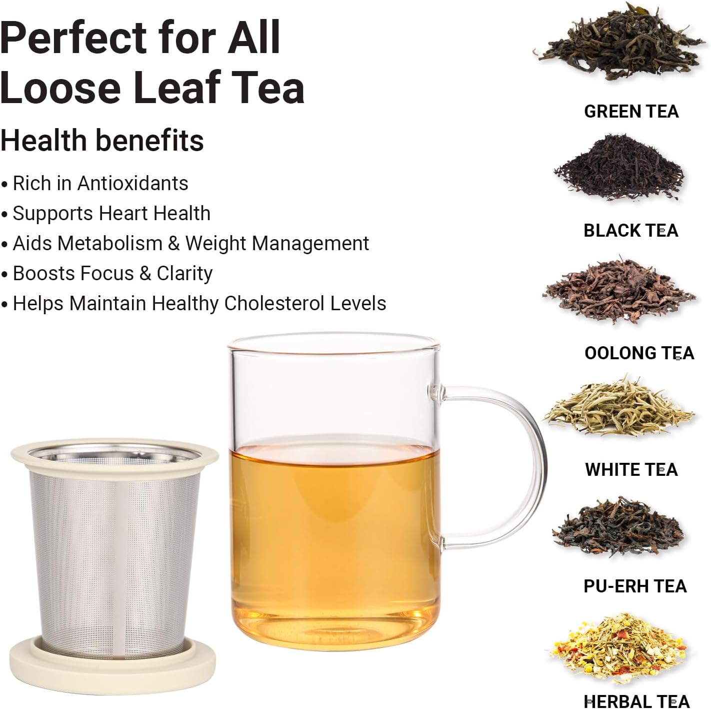 emoi 15 oz Glass Tea Cup with Infuser & Lid, Ideal for Loose Leaf Tea, Gray | Tea Mug with Extra Fine Mesh 304 Stainless Steel Steeper & Silicone Lid