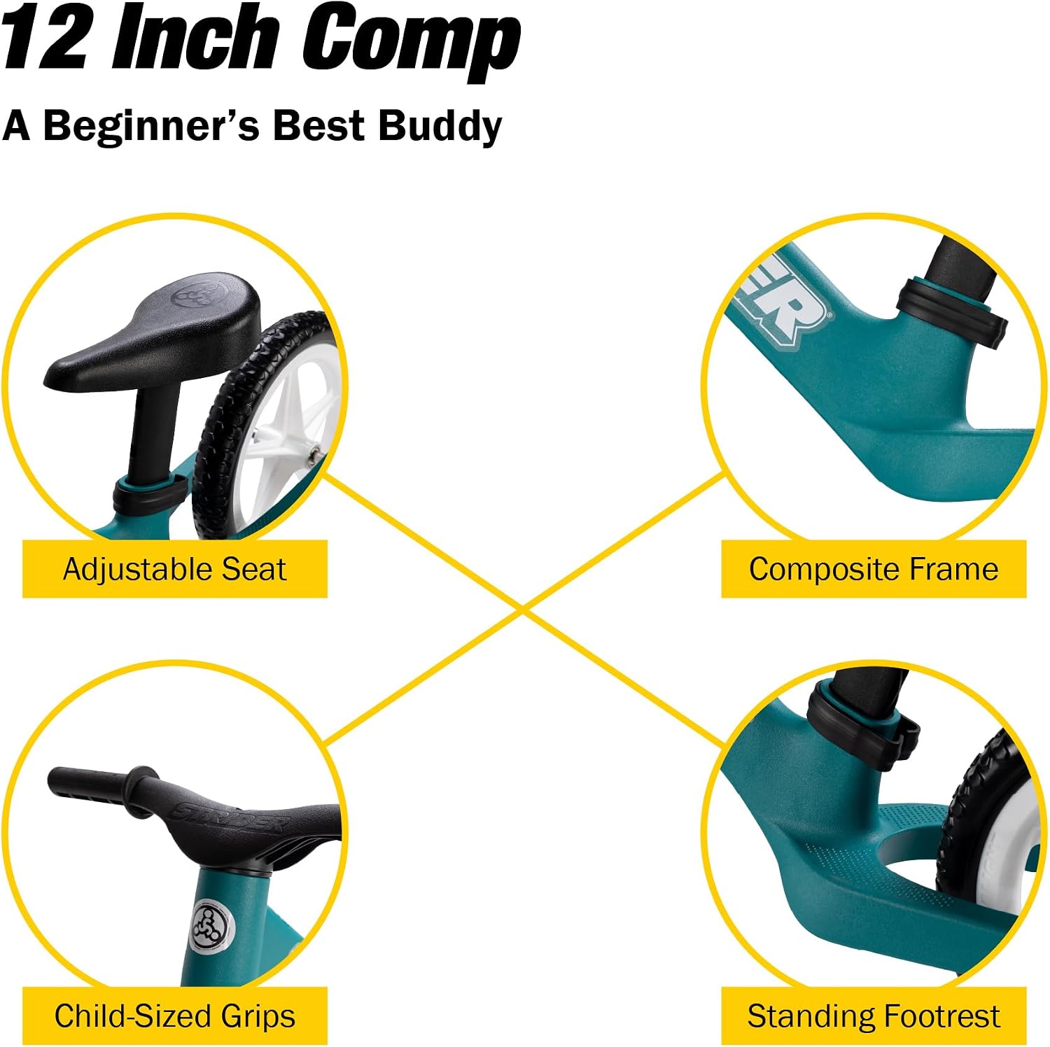 Strider 12 Comp, No Pedal Balance Bike for Kids Ages 1–3 Years | No-Pedal Composite Bike, Adjustable Seat, Lightweight Frame, Easy Assembly, Durable All-Weather Plastic, Never Flat Tires