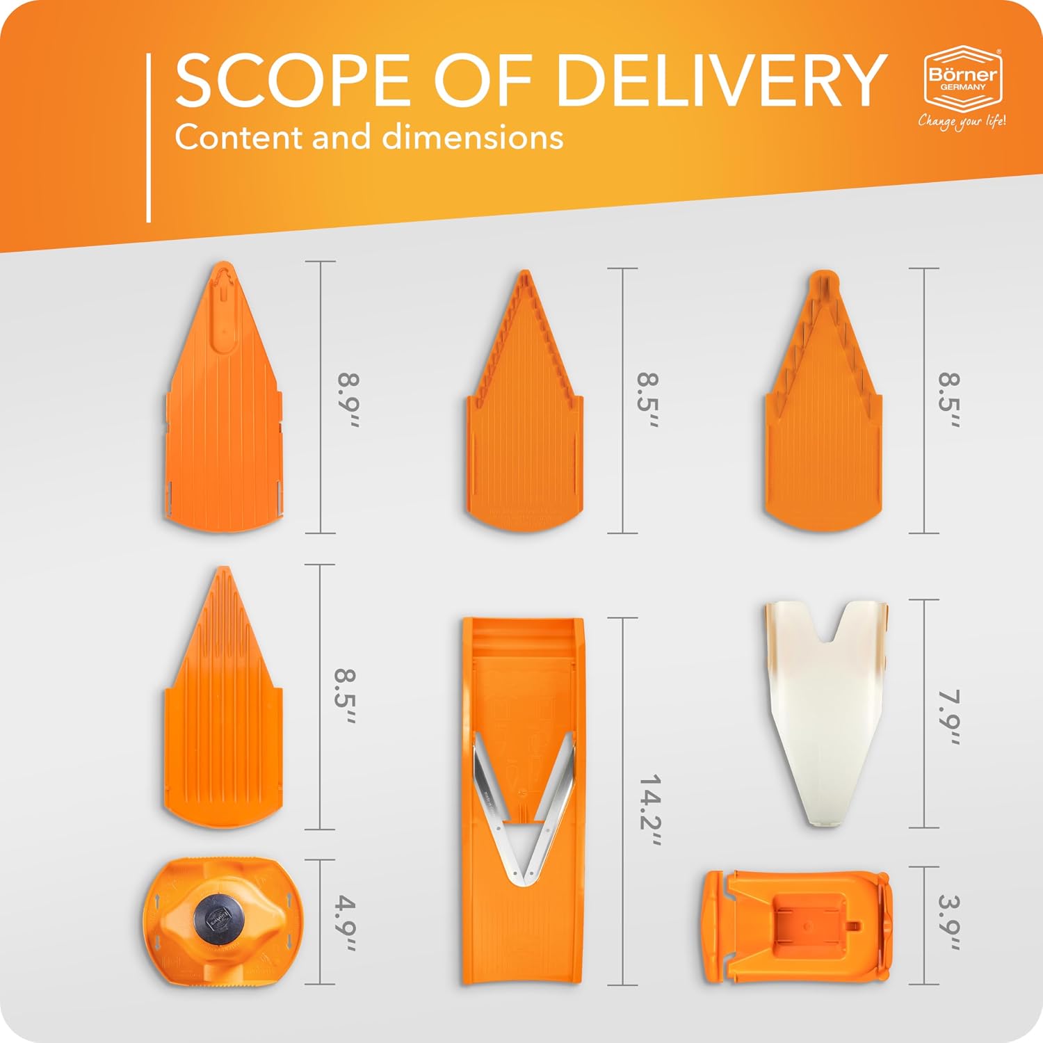 BORNER V Mandoline Slicer Kitchen V1 ClassicLine Starter Set | Vegetable Grater Börner - Quality Made in Germany, Color:Orange