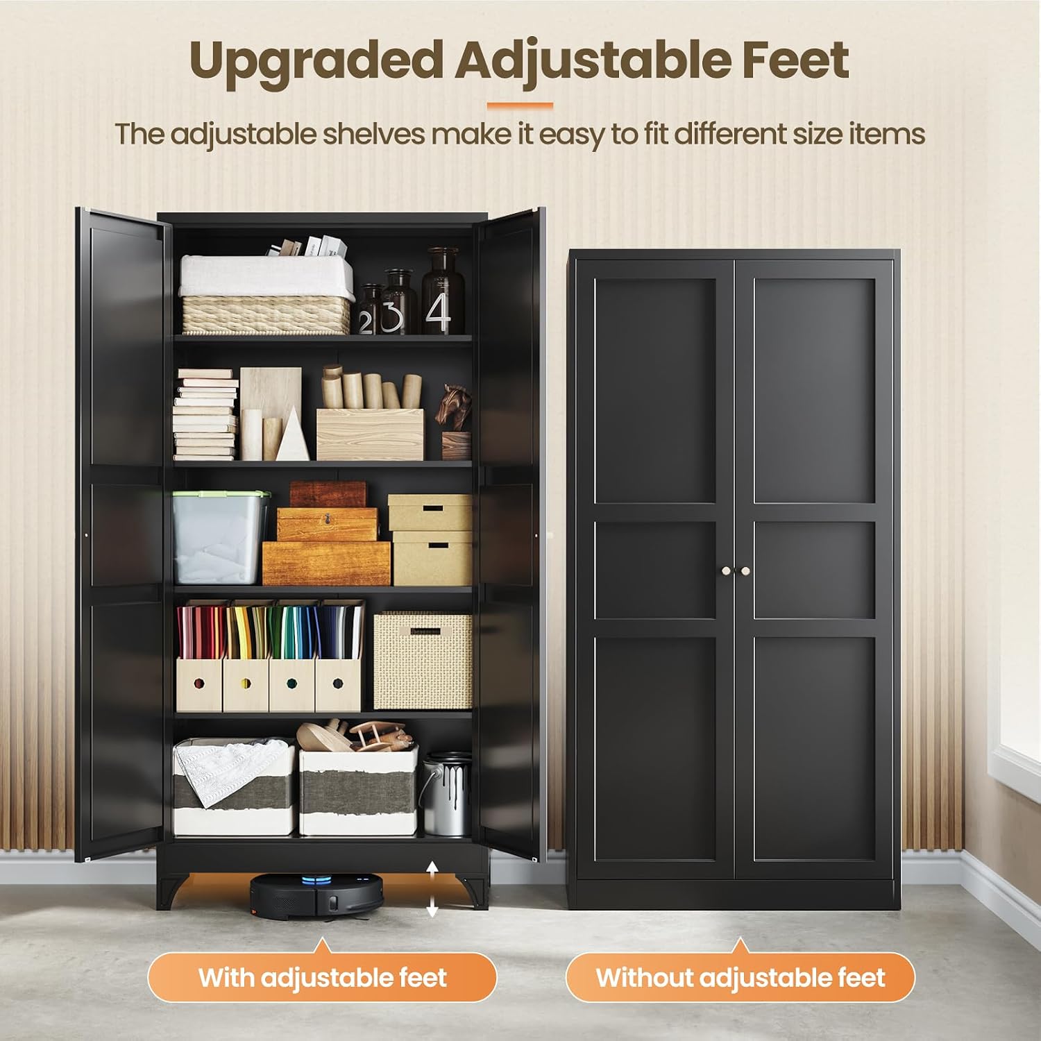 Metal Storage Cabinet with 2 Doors and 4 Adjustable Shelves - 61" White Kitchen Pantry Storage 5-Tier Tall Steel Cabinets Locker for Kitchen, Living Room, Dining Room