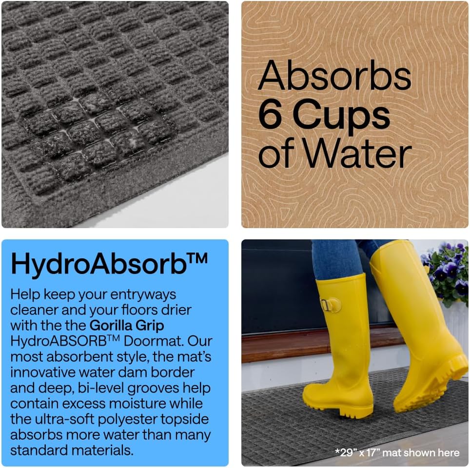 GORILLA GRIP® HydroABSORB Door Mat for Indoor Outdoor Use, 29x17 Black