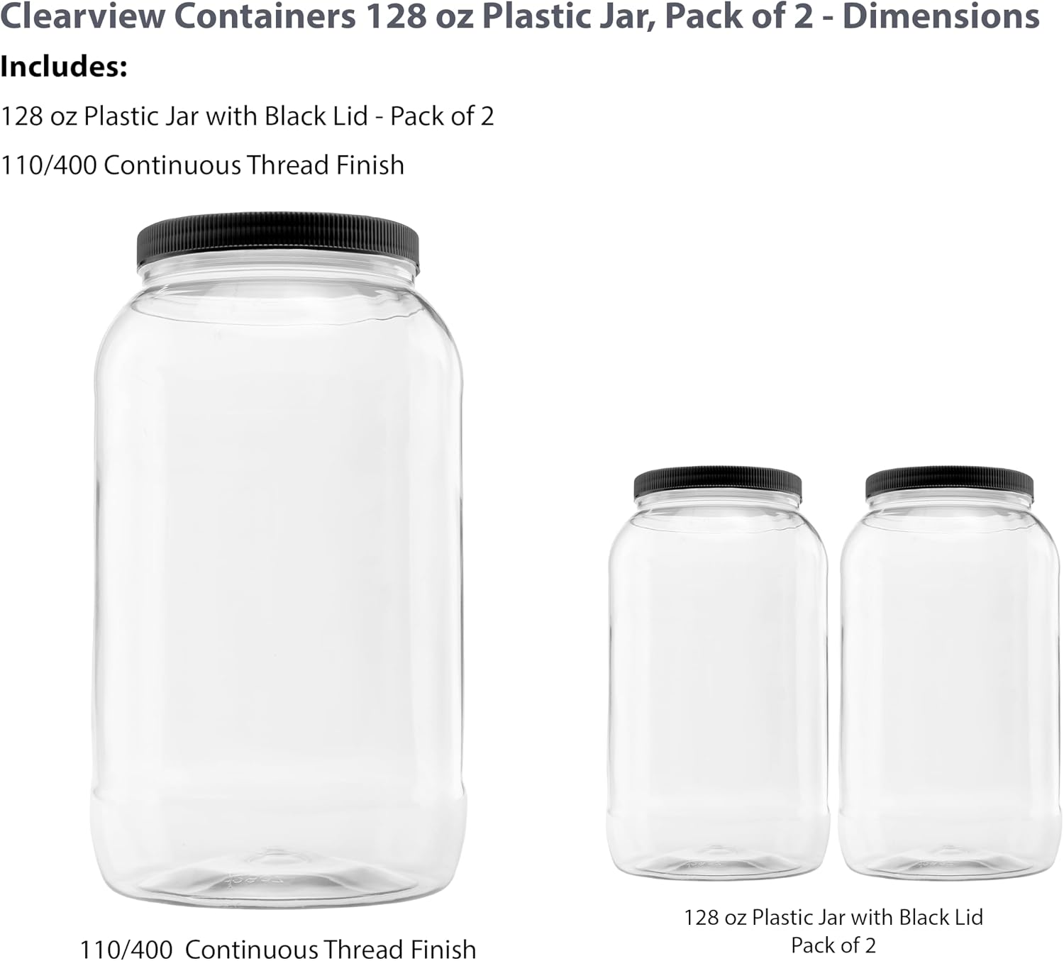 1 Pack - 128 oz (1 Gallon) Plastic Storage Jars with 110-400 Leak Proof Black Lids, Food Grade, BPA Free, Hand Wash Only (128oz, BLK, 1PK)