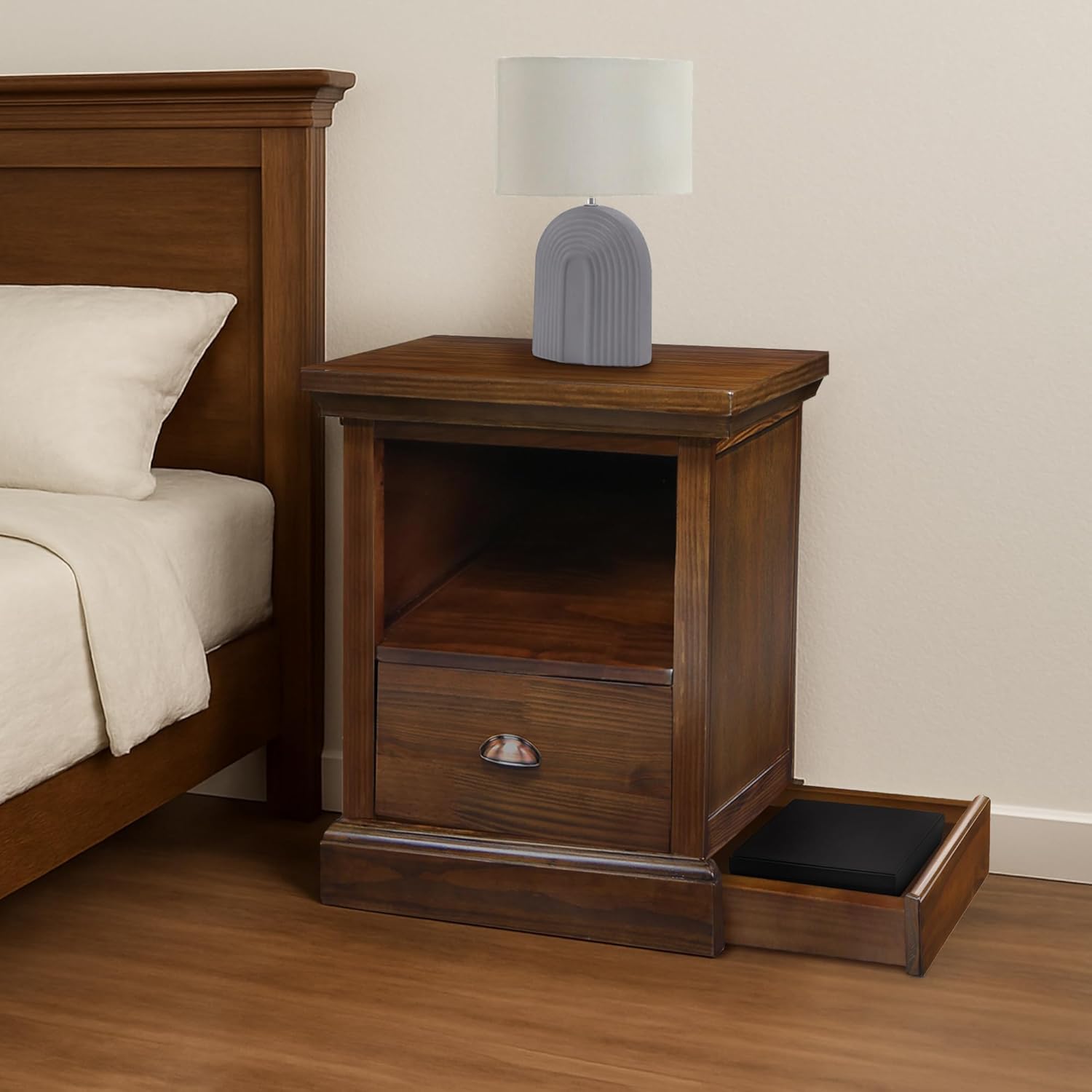 Lincoln Nightstand with Pull-Out Concealed Bottom Shelf, Concealment Furniture