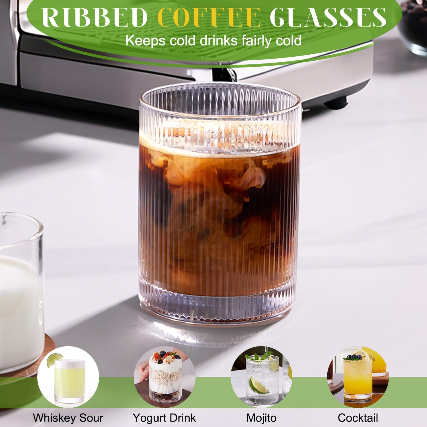 Ribbed Drinking Glasses Cups Set of 8 Large Capacity Highball 17oz&12oz | Rocks Cocktail Glasses Ideal for Beer, Juice, Water, Ice Coffee Cup, Whiskey