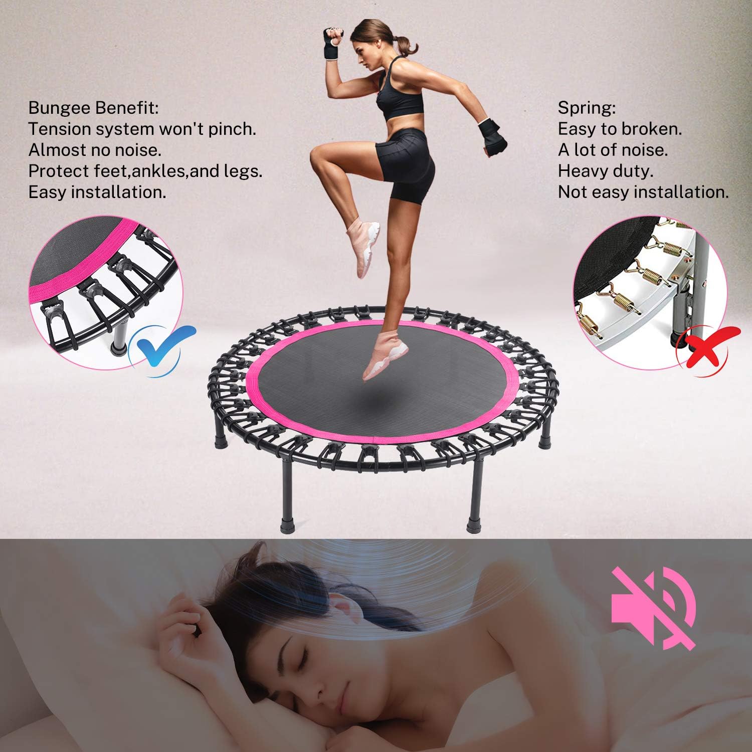 40" Mini Trampoline for Adults, Fitness Rebounder with Elastic Bands, Indoor Exercise Trampoline, Low Impact Workout Equipment for Home Gym