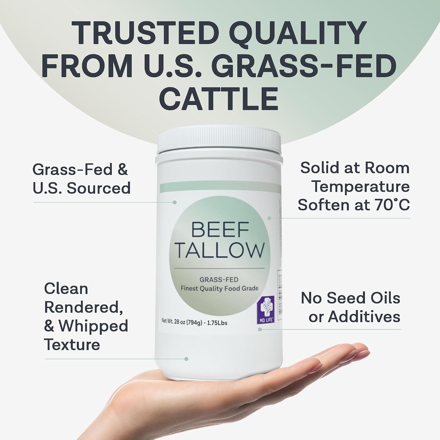 MD. Life Beef Tallow for Cooking - Food Grade Grass Fed Beef Tallow for Cooking Oil Replacement - 28 Ounce - Pasture Raised Keto Friendly Beef Tallow- Used to Make Candles & Soap