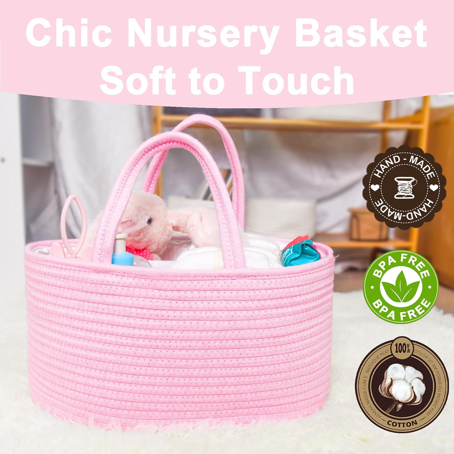 ABenkle Baby Diaper Caddy, Nursery Storage Bin and Car Organizer for Diapers and Baby Wipes, Cotton Rope Diaper Basket Caddy